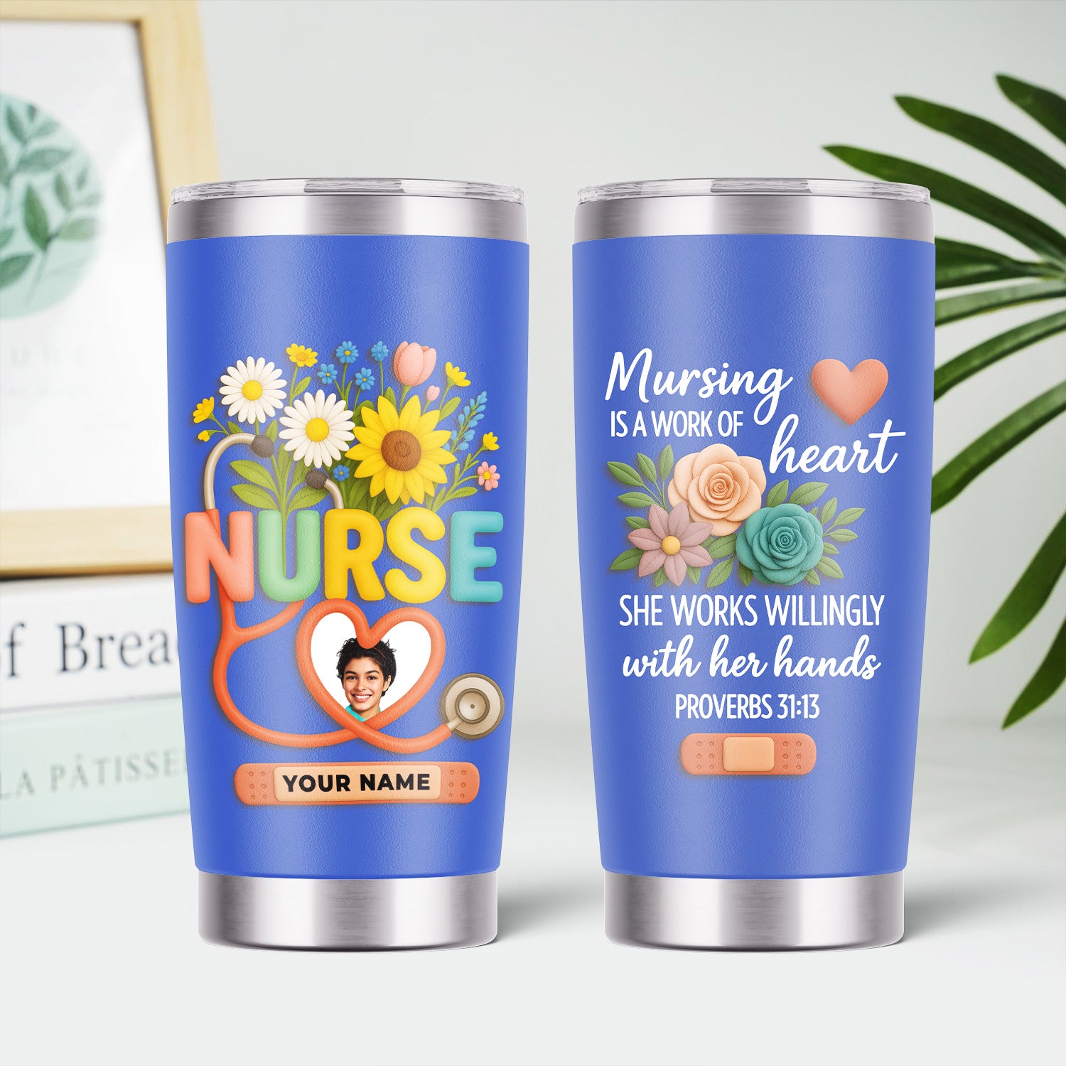 Personalized Thank You Nurse Tumbler - Nursing Is a Work of Heart with Floral Stethoscope Design - Meaningful Gift for RN CNA LPN