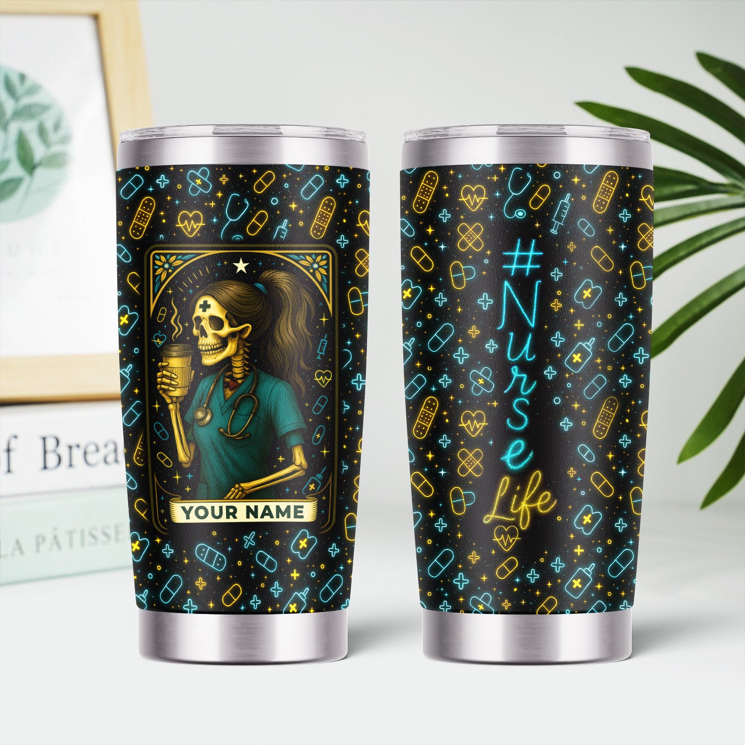 Funny Skeleton Nurse Tumbler - Personalized Coffee Cup for RN CNA LPN - Halloween Neon Design with Custom Name