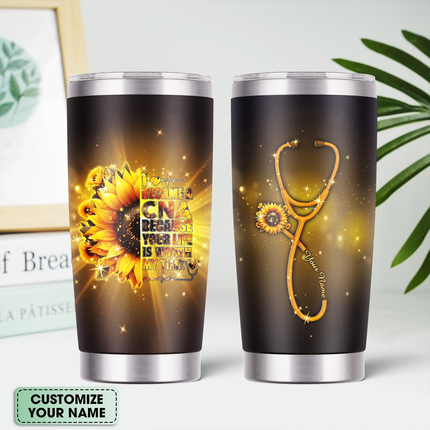 Custom CNA Floral Tumbler - Stethoscope Sunflower Graphic Design - Gift for RN LPN Healthcare Workers