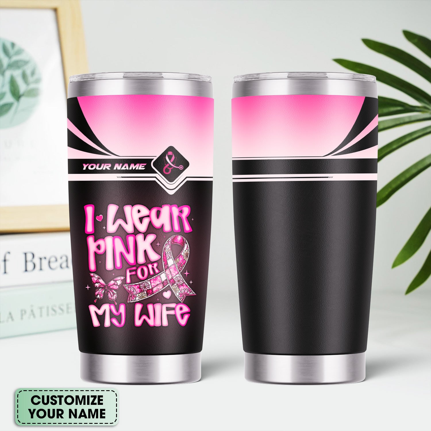 Personalized Breast Cancer Awareness Tumbler - Pink Ribbon Stainless Steel Cup - Gift for RN LPN CNA