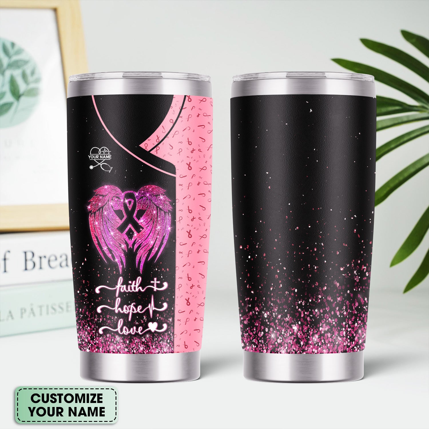 Custom Breast Cancer Awareness Tumbler - Faith Hope Love & Angel Wings - Gift for RN LPN CNA Women