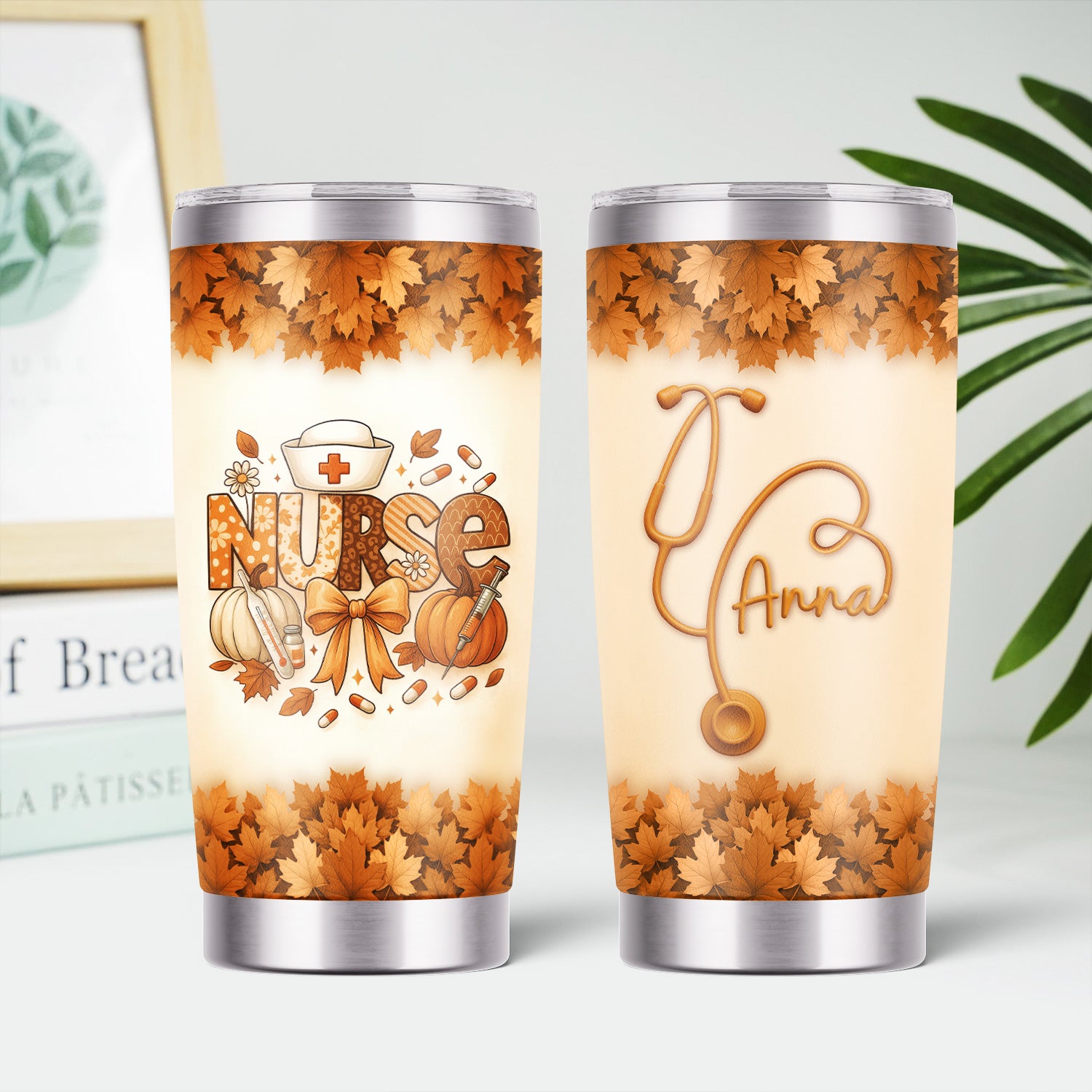 Personalized Fall Nurse Tumbler - Pumpkin Leaf Design with Name - Cute Thanksgiving Gift for RN CNA LPN Healthcare Workers