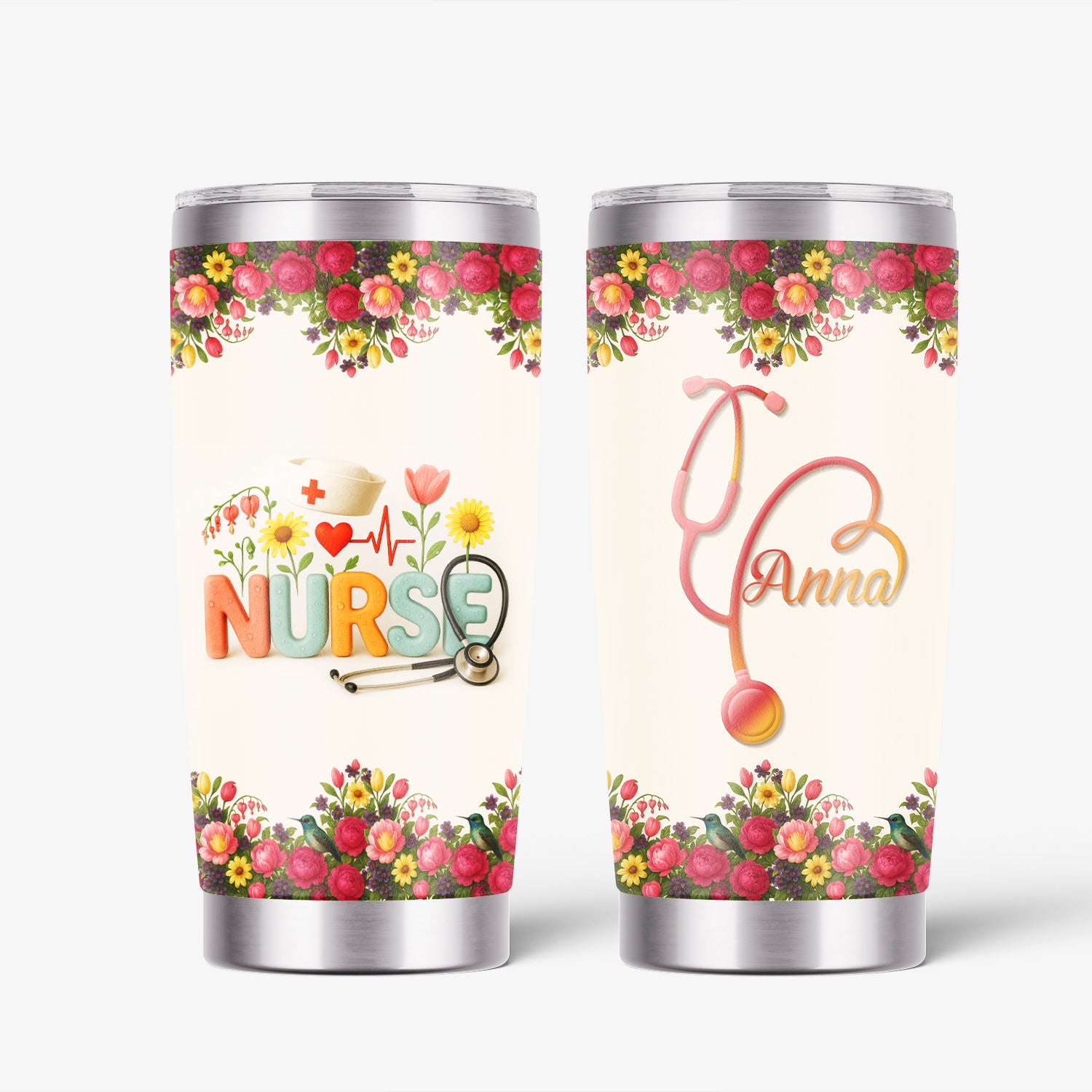 Personalized Floral Nurse Tumbler with Colorful Letters and Name - Cute Stethoscope Design - Thoughtful Gift for RN CNA LPN Women - Nurse Week or Birthday Idea