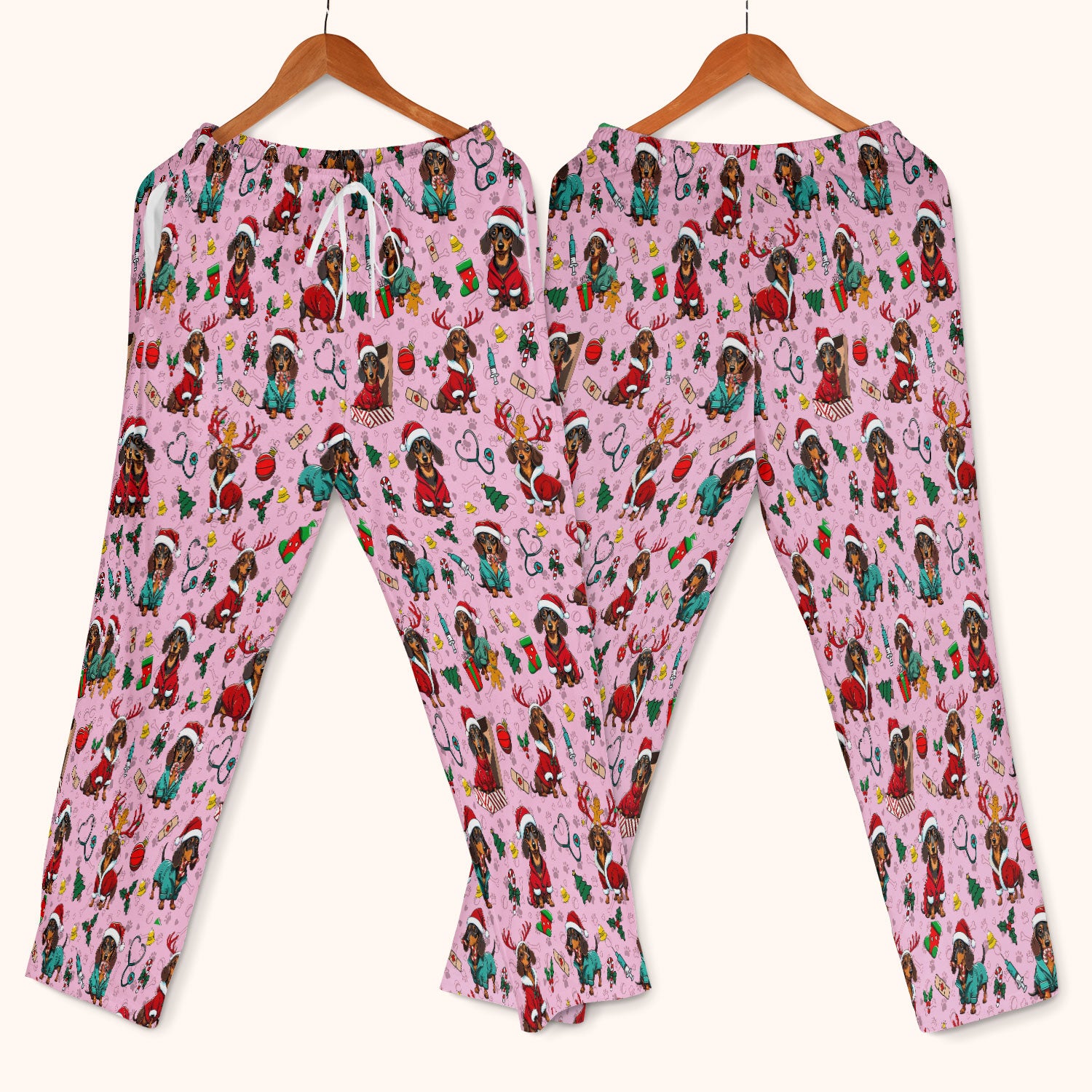 Christmas Dachshund Scrub Set for Nurses - Cute Sausage Dog Holiday - Funny Reindeer & Santa Scrubs Pants and V Neck Top