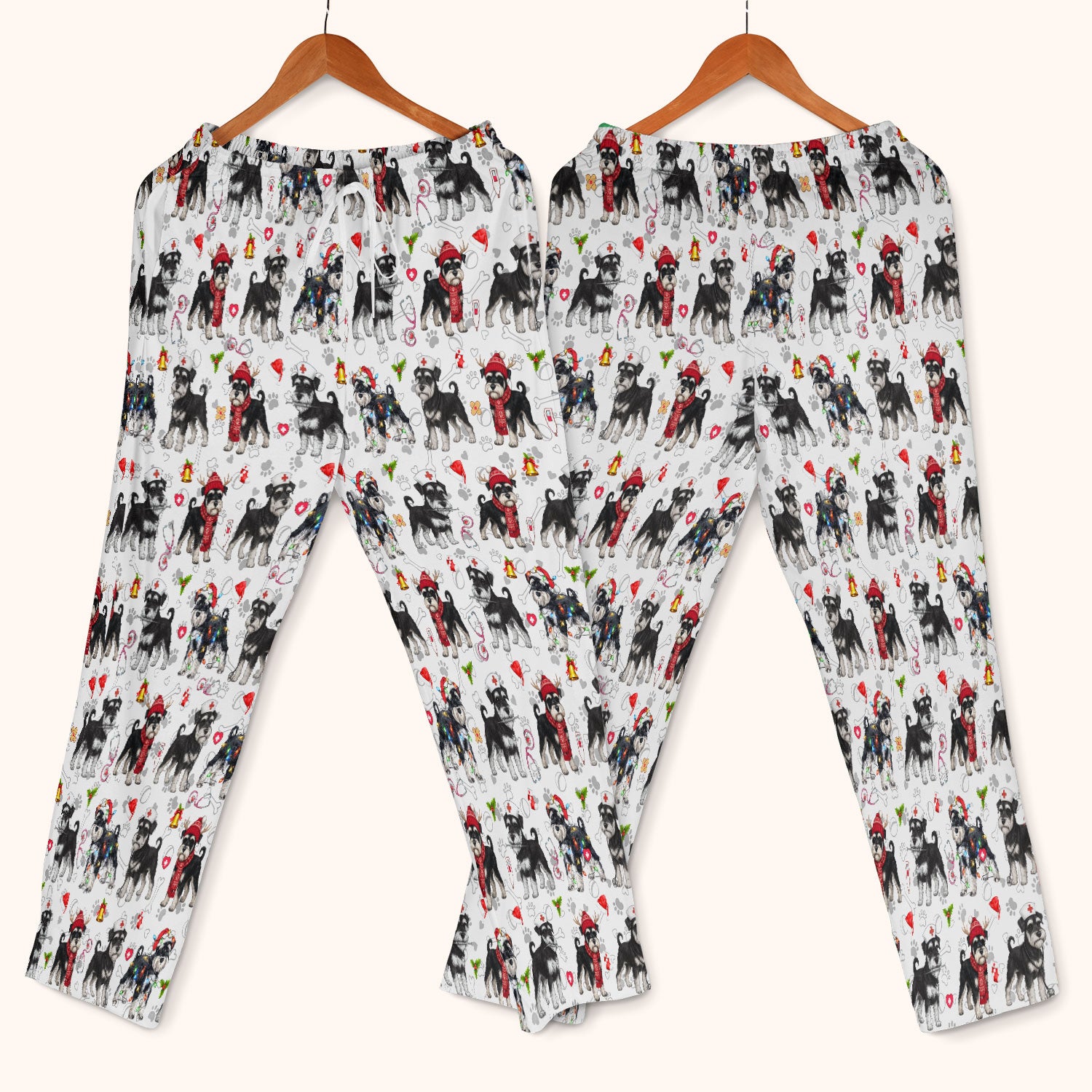 Christmas Schnauzer Scrub Set for Nurses - Cute Dog Holiday Scrubs Pants and V Neck Top - Funny Santa Nursing Medical Shirt for Women