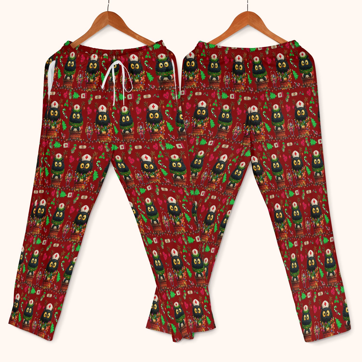 Christmas Black Cat Scrub Set for Nurse - Cute Reindeer Cat with Xmas Lights Pants and V Neck Top - Festive Holiday Medical Uniform