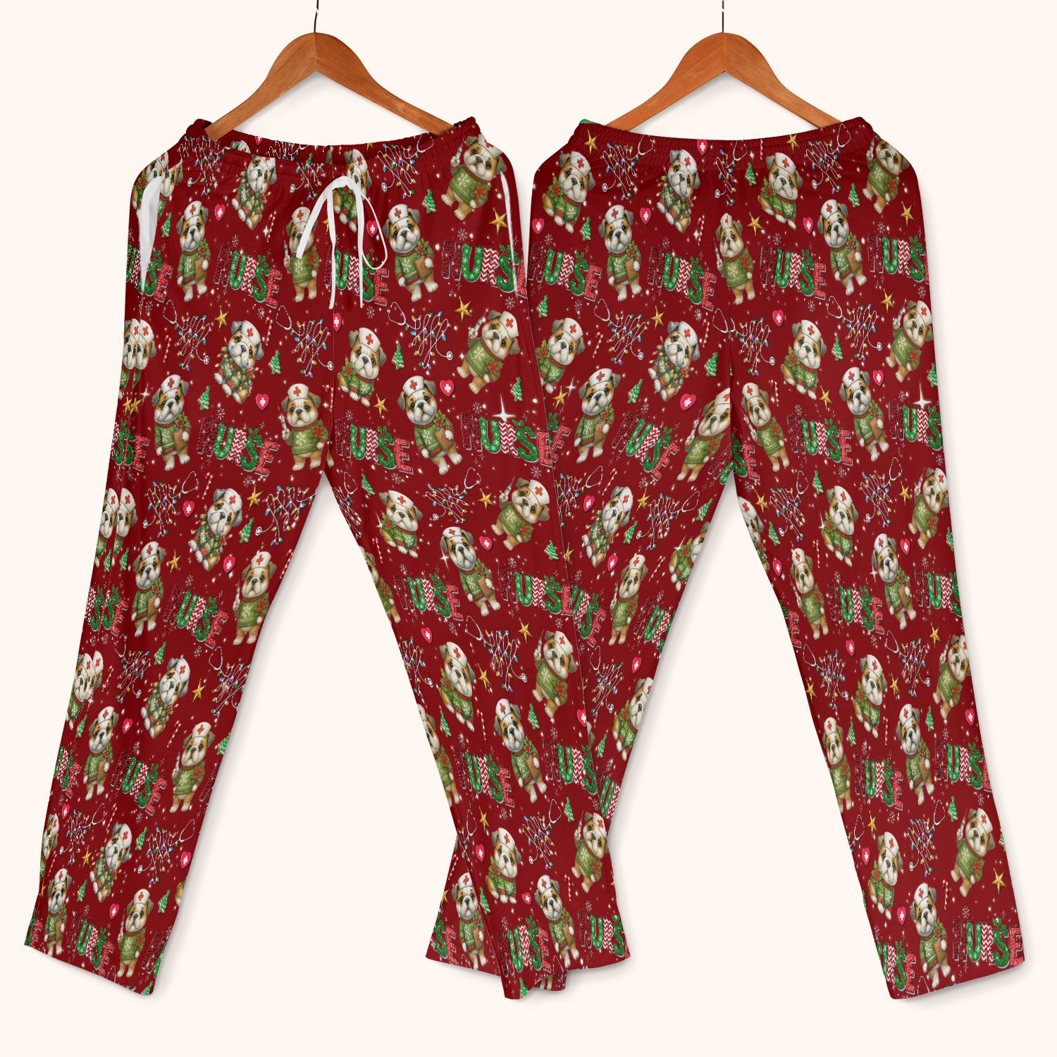 Bulldog Christmas Nurse Scrub Set - Funny Dog Scrubs Pants and V Neck Top - Cute Holiday Medical Uniform