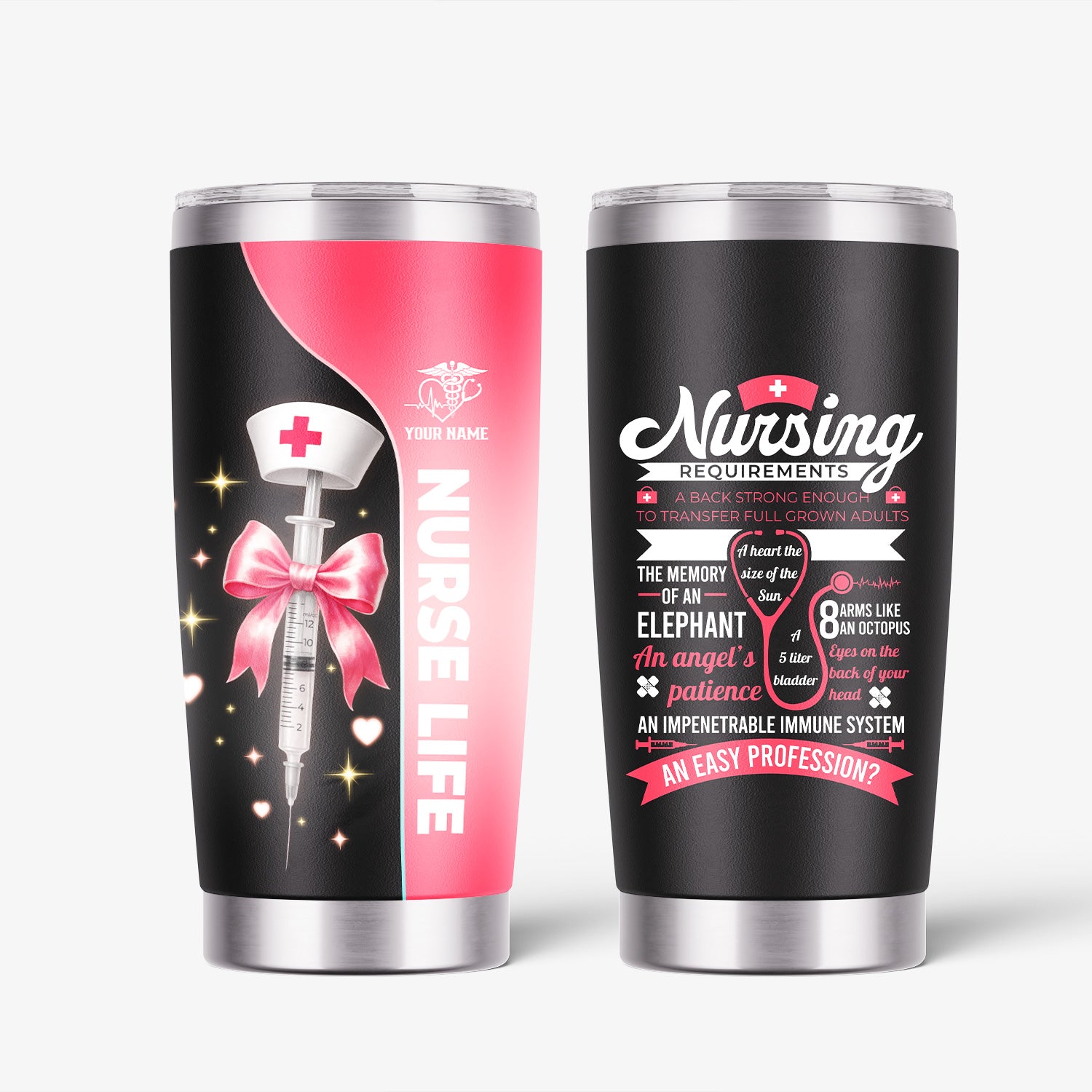 Personalized Nurse Tumbler with Name - Pink Syringe Bow Design for Women RN CNA LPN - Cute Medical Appreciation Cup for Nurse Graduation or Birthday Gift