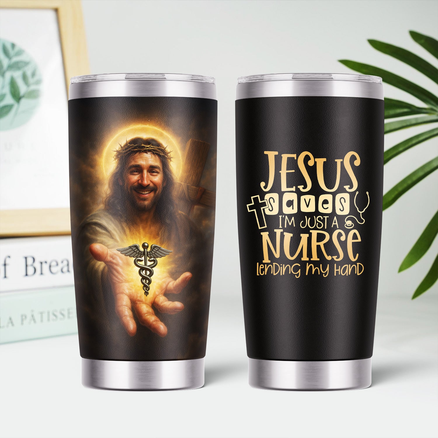 Personalized Religious Nurse Tumbler with Jesus and Caduceus Symbol - Jesus Saves Inspirational Christian Quote - Gift for RN CNA LPN