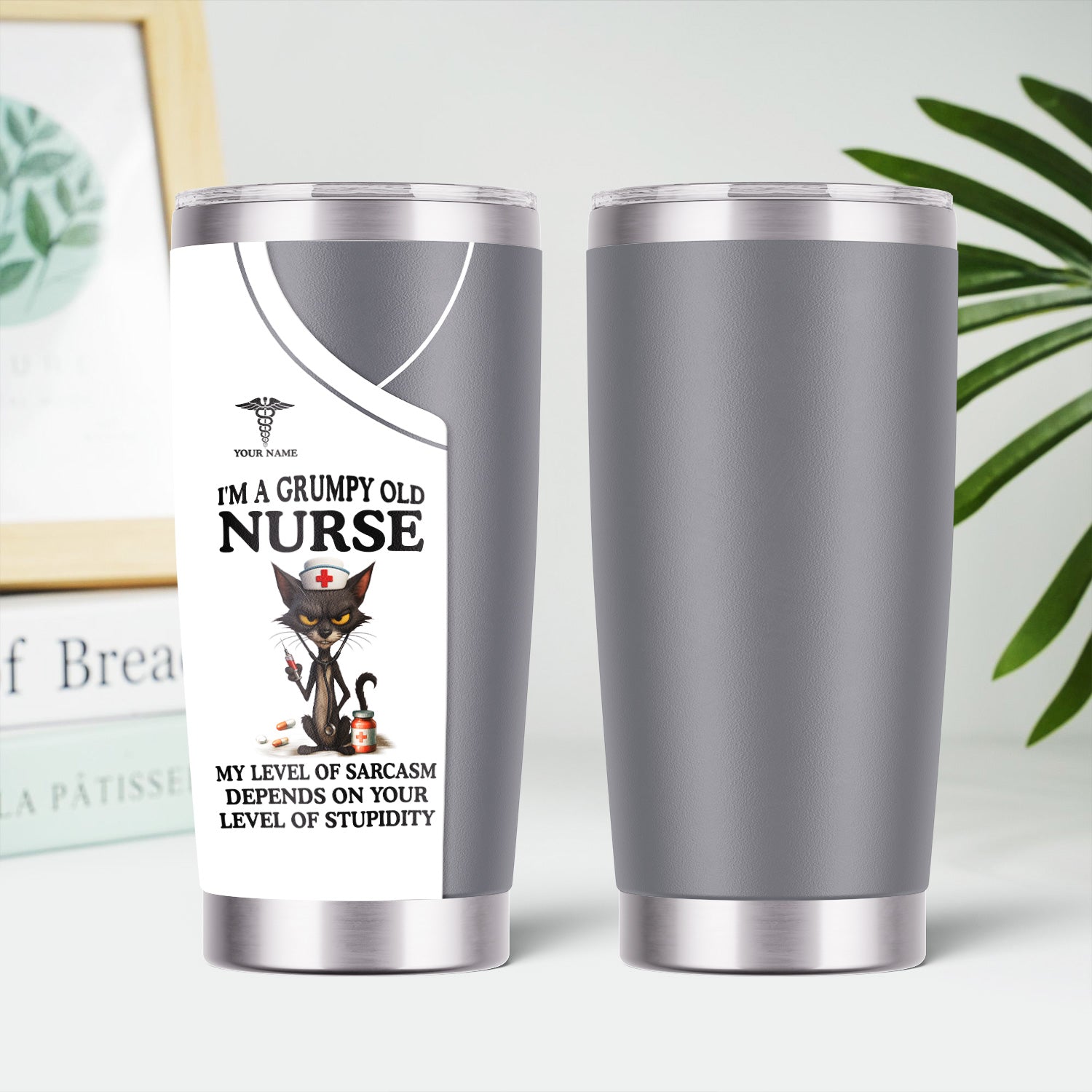 Personalized Grumpy Old Nurse Travel Tumbler - Angry Cat Sarcasm Quote for RN LPN CNA - Funny Gift for Nursing Team & Medical Professionals