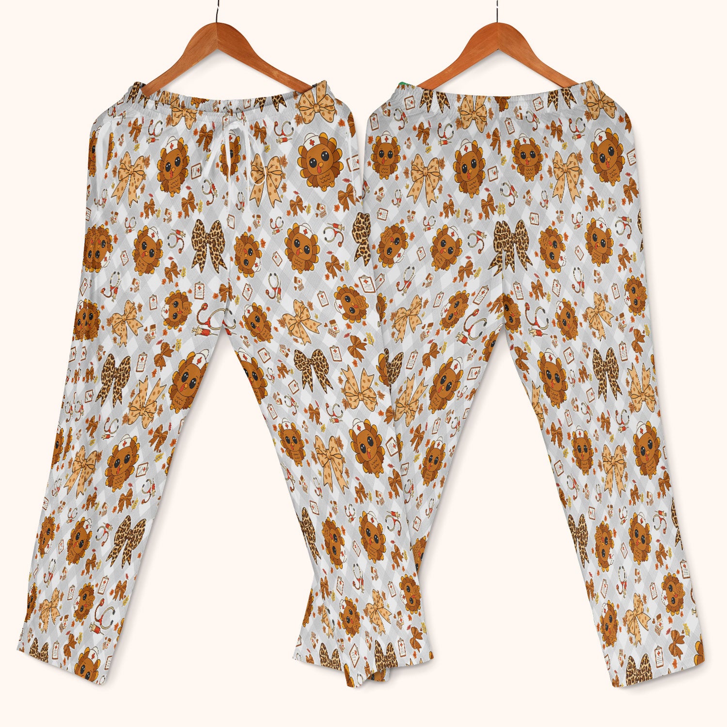 Thanksgiving Turkey Scrub Set for Nurses - Cute Fall Leaves and Bow Scrubs Pants and V Neck Top - Autumn Nursing Gift for Her