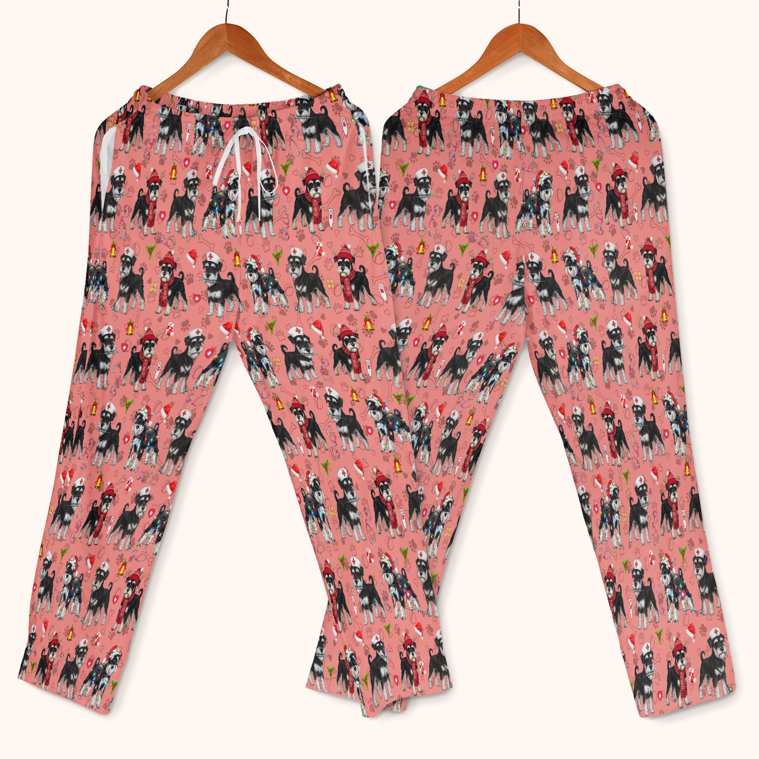 Christmas Schnauzer Scrub Set for Nurses - Cute Dog Holiday Scrubs Pants and V Neck Top - Funny Santa Nursing Medical Shirt for Women