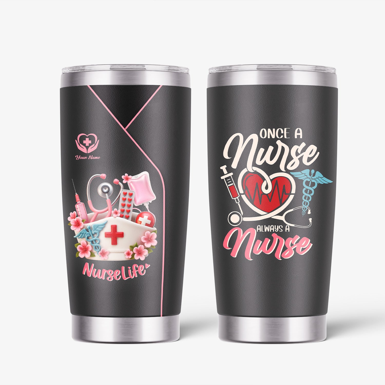 Personalized Nurse Tumbler - Cute Scrub & Heartbeat Design - Gift for RN LPN CNA Students and Workers