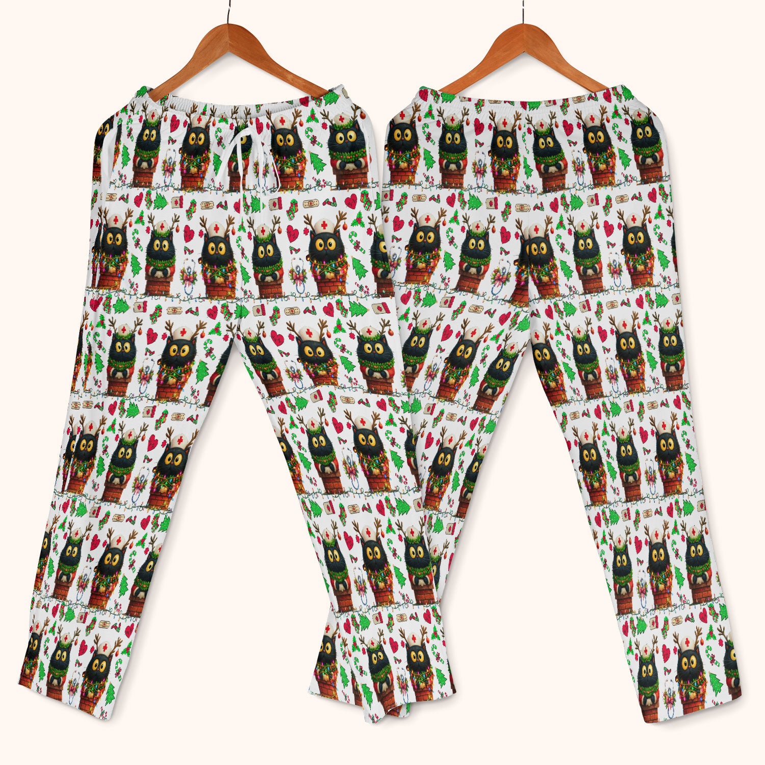 Christmas Black Cat Scrub Set for Nurse - Cute Reindeer Cat with Xmas Lights Pants and V Neck Top - Festive Holiday Medical Uniform