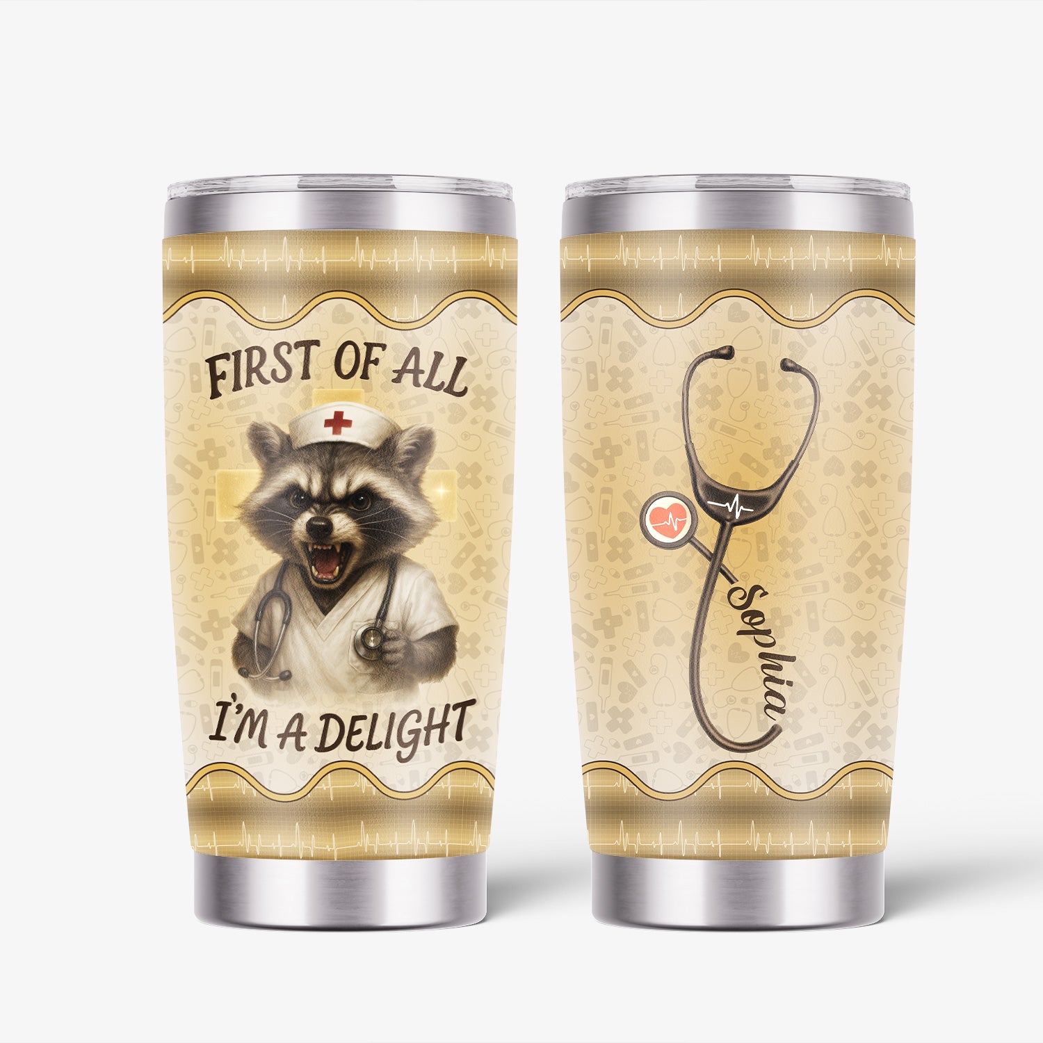 Funny Nurse Tumbler - First Of All I'm A Delight - Personalized Raccoon Mug with Name - Gift for RN CNA LPN Women - Stainless Steel Travel Cup