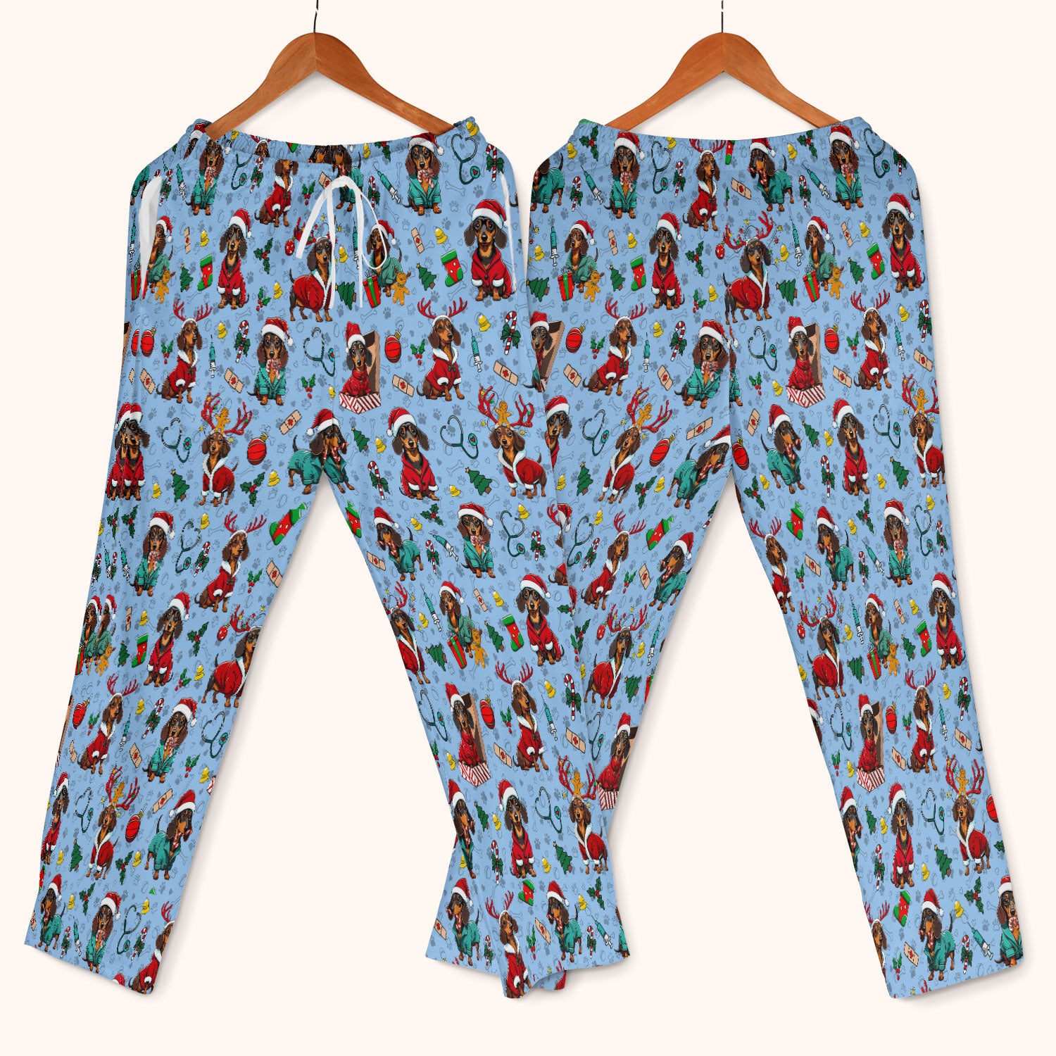 Christmas Dachshund Scrub Set for Nurses - Cute Sausage Dog Holiday - Funny Reindeer & Santa Scrubs Pants and V Neck Top