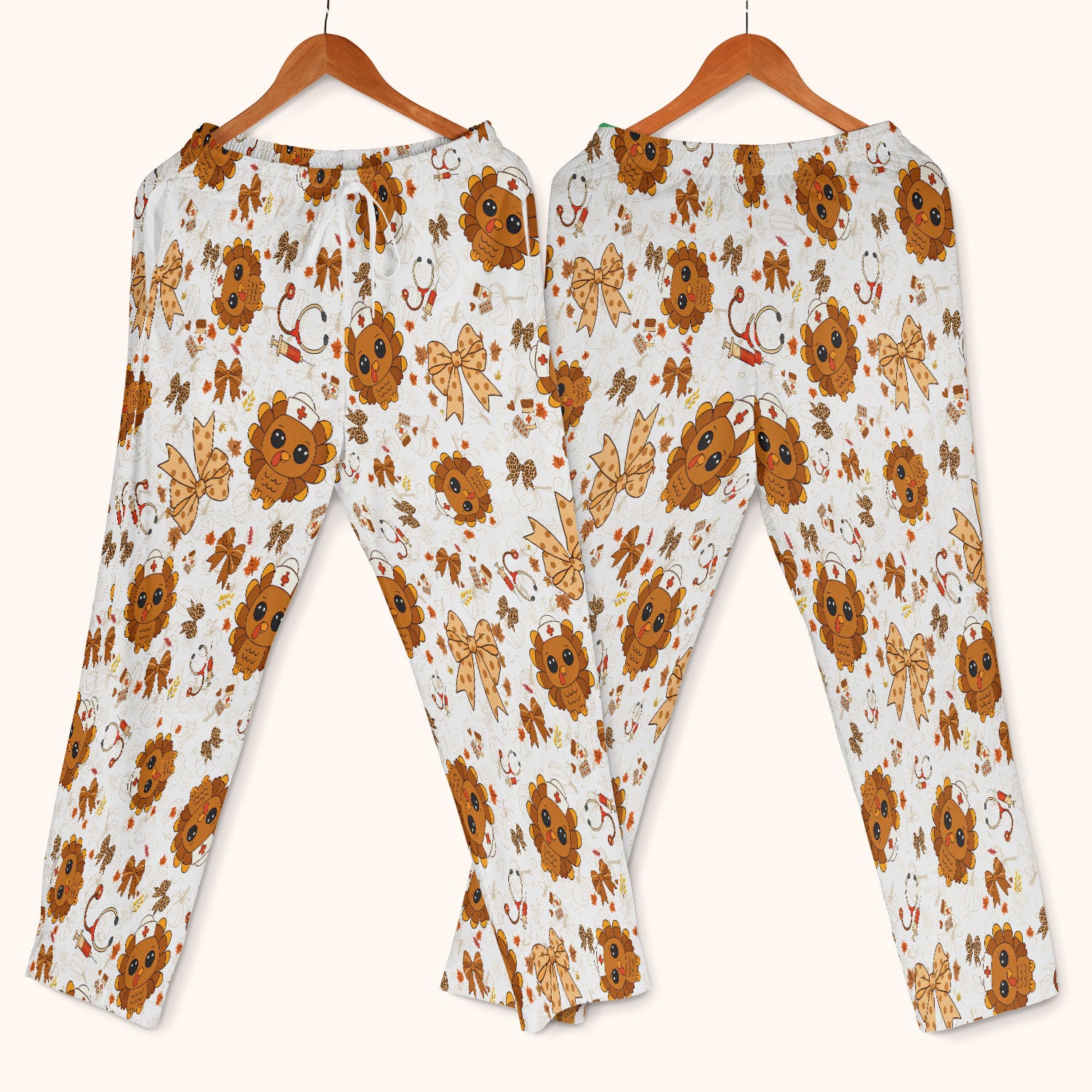 Thanksgiving Turkey Nurse Scrub Set for Women - Cute Fall Leaves and Bow Scrub Pants and V Neck Top - Autumn Medical Uniform