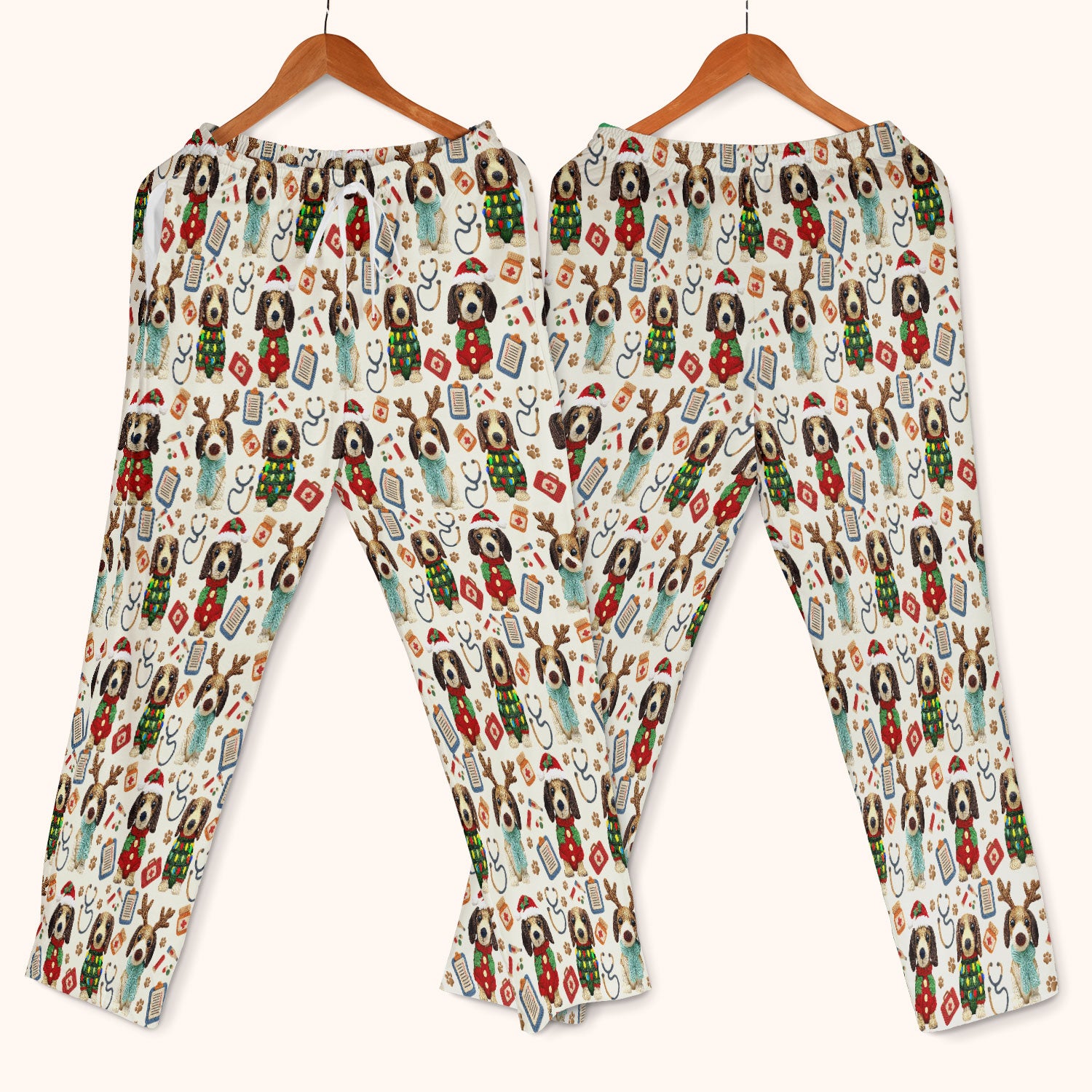 Christmas Wiener Dog Scrubs Set for Women - Cute Dachshund Christmas Scrub Pants and V Neck Top - Puppy Lover Medical Uniform Gift