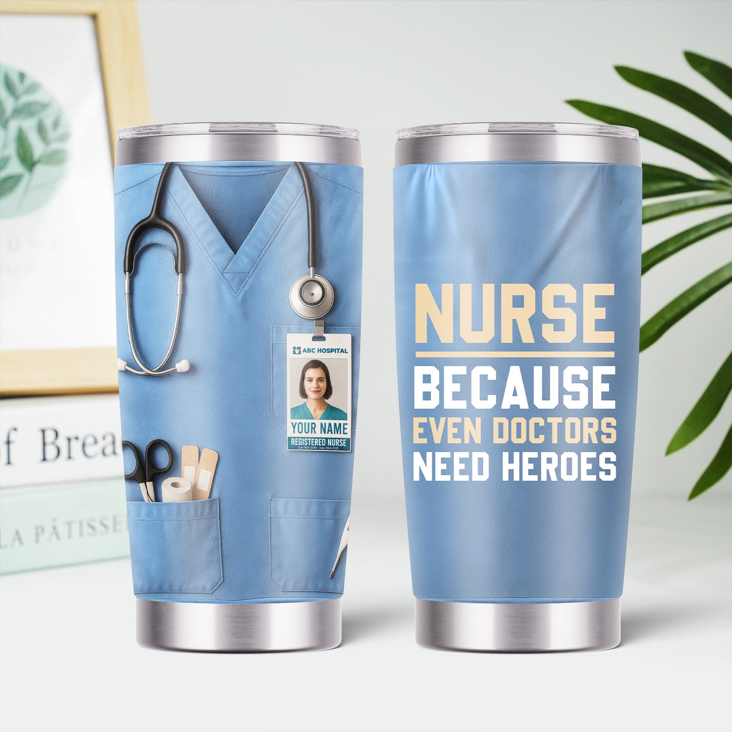 Custom Nurse Tumbler - Stethoscope & Hospital ID Badge Design - Personalized Gift with Custom Text & Photo for RN CNA LPN Healthcare Workers