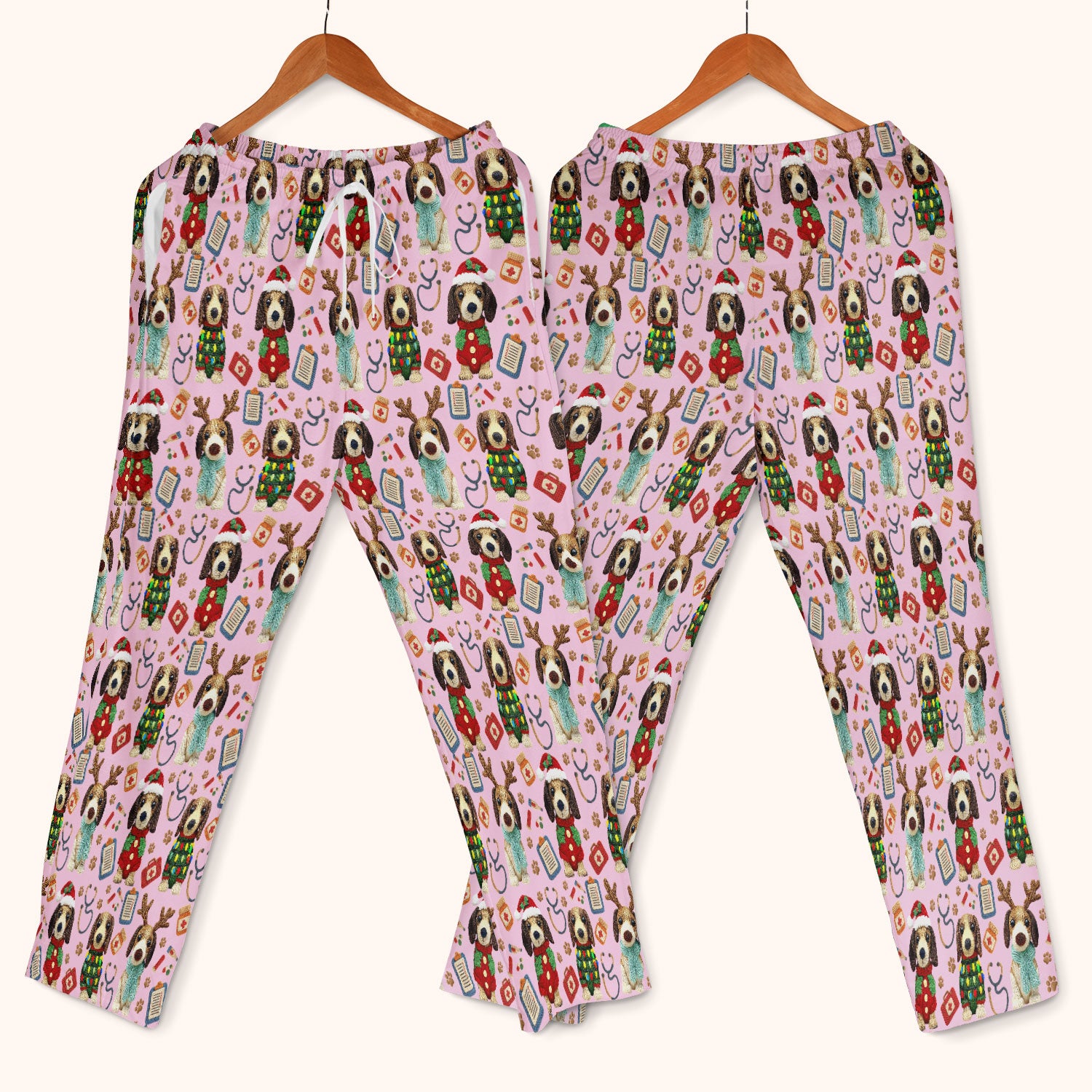 Christmas Wiener Dog Scrubs Set for Women - Cute Dachshund Christmas Scrub Pants and V Neck Top - Puppy Lover Medical Uniform Gift