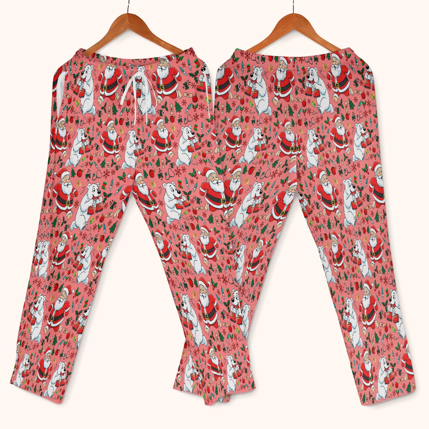 Christmas Santa & Polar Bear Scrub Set - Funny Holiday Nursing Pants and V Neck Top - Cute Winter Medical Uniform