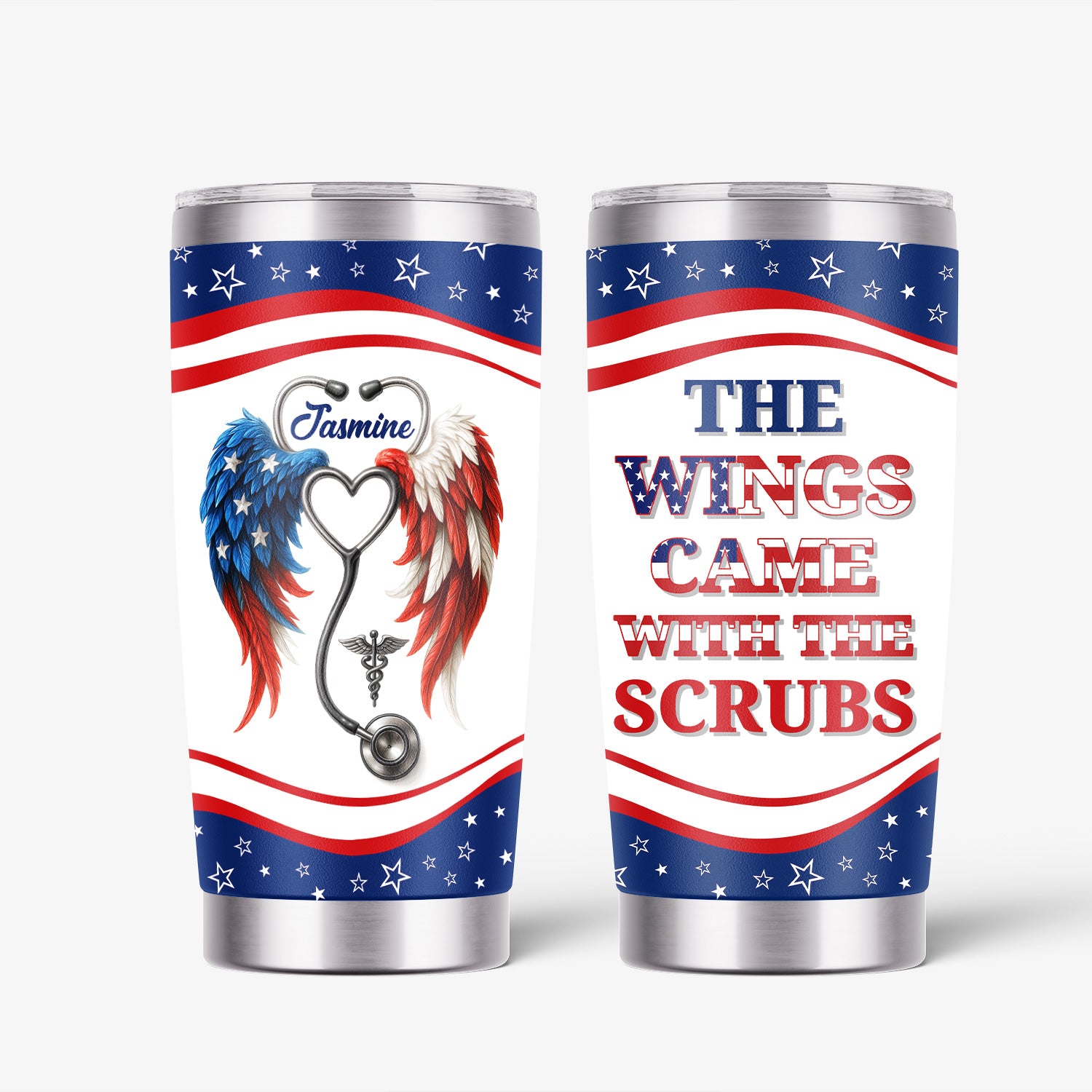 Personalized Nurse Tumbler - American Flag Angel Wings Stethoscope - The Wings Came With The Scrubs Gift