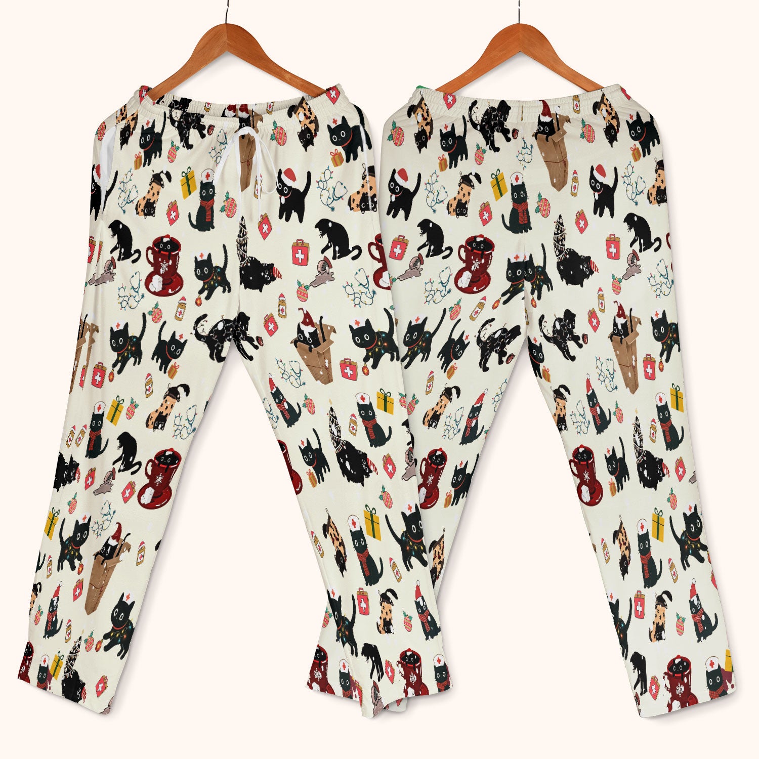 Funny Cat Scrub Sets for Women - Christmas Black Cats Pants and V Neck Top - Breathable Fabrics Nursing Uniform