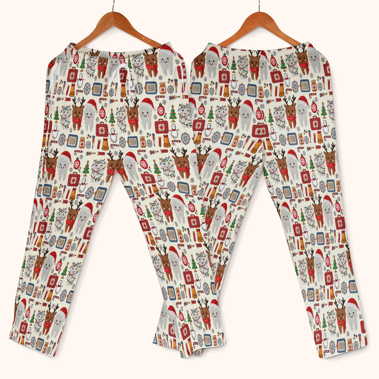 Christmas Dental Scrub Set - Cute Santa & Reindeer Tooth Pants and V Neck Top - Funny Gift for Dentists, Hygienists, Nurses