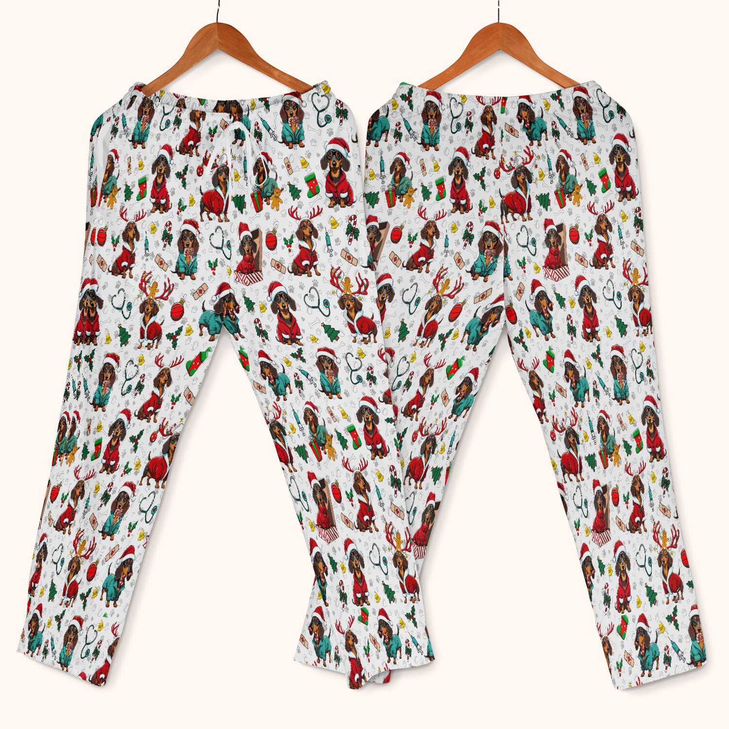Christmas Dachshund Scrub Set for Nurses - Cute Sausage Dog Holiday - Funny Reindeer & Santa Scrubs Pants and V Neck Top
