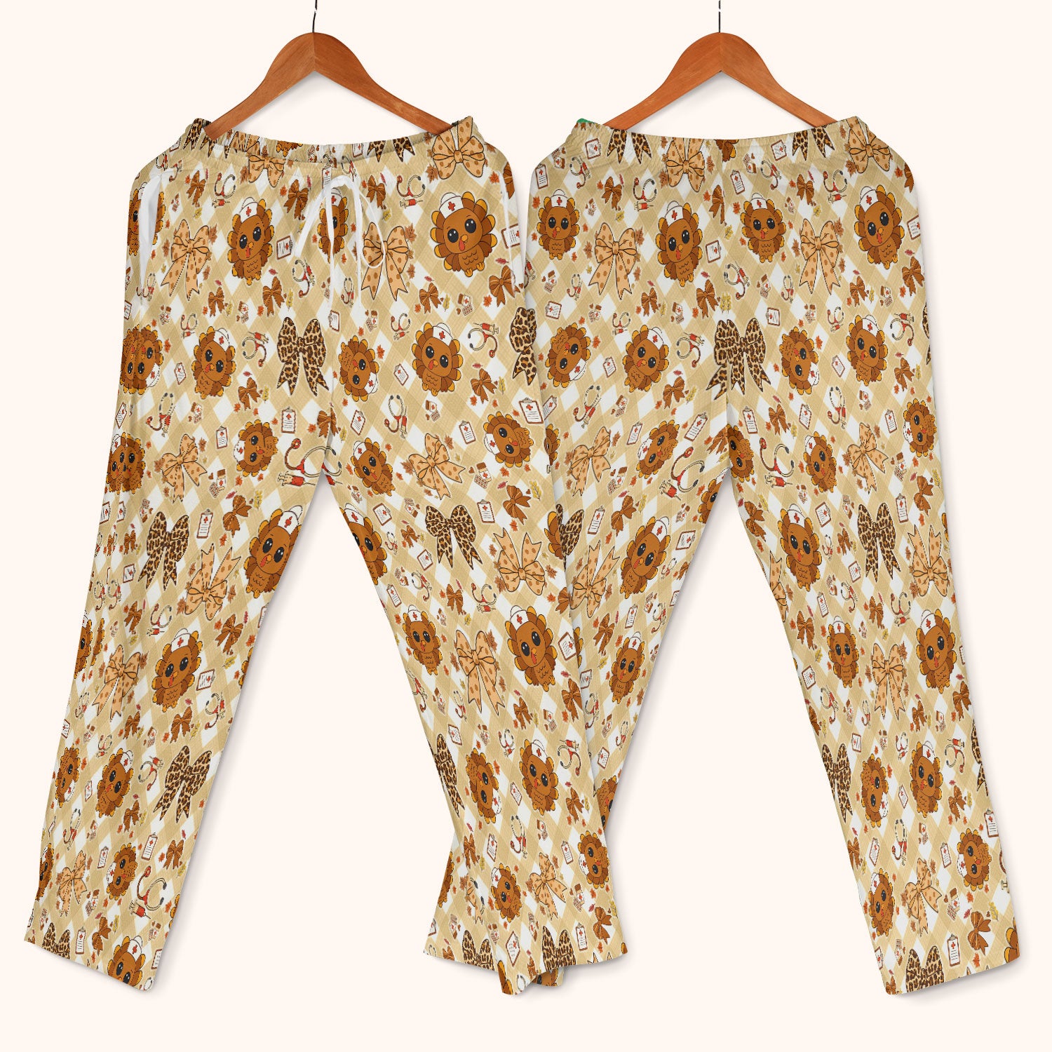 Thanksgiving Turkey Scrub Set for Nurses - Cute Fall Leaves and Bow Scrubs Pants and V Neck Top - Autumn Nursing Gift for Her