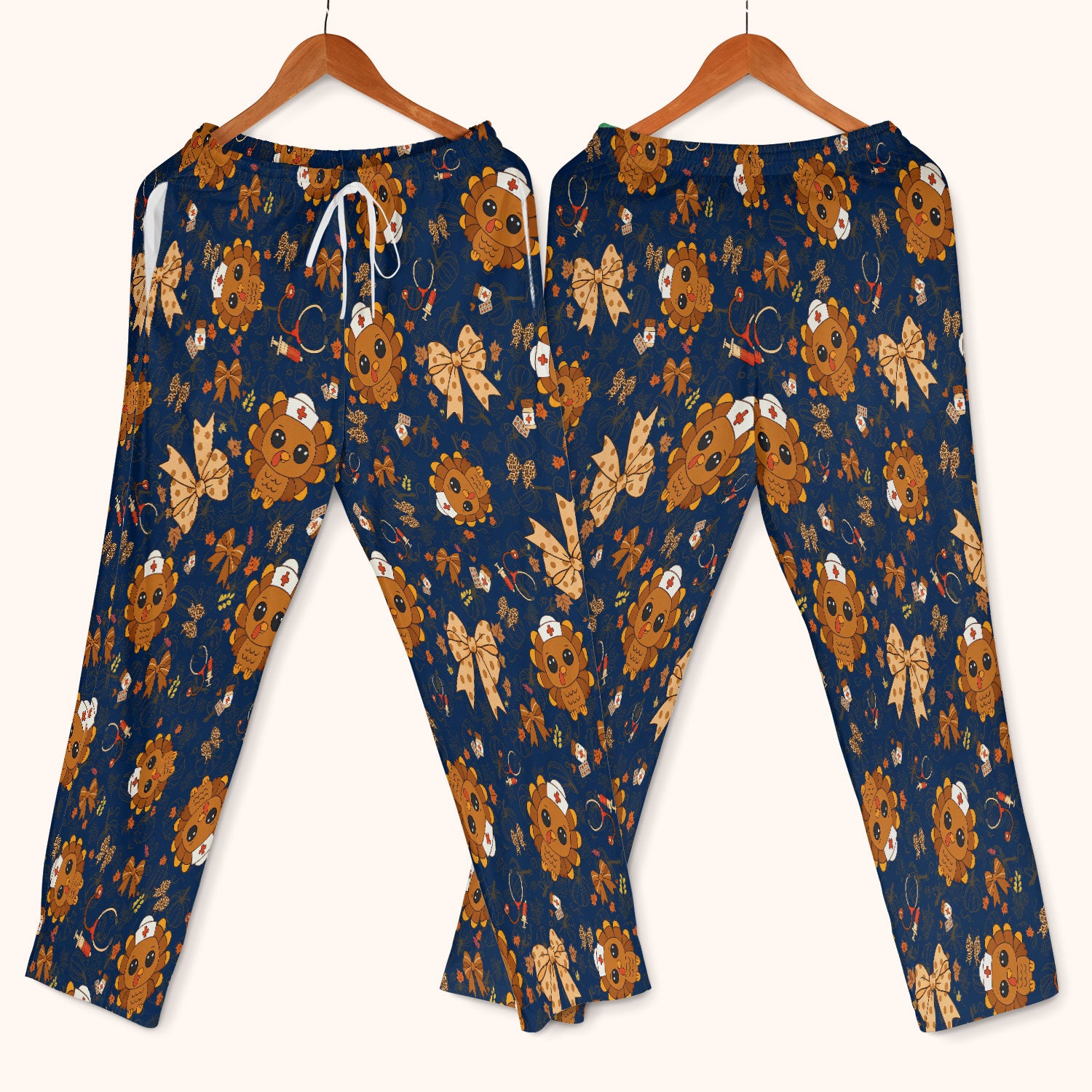 Thanksgiving Turkey Nurse Scrub Set for Women - Cute Fall Leaves and Bow Scrub Pants and V Neck Top - Autumn Medical Uniform