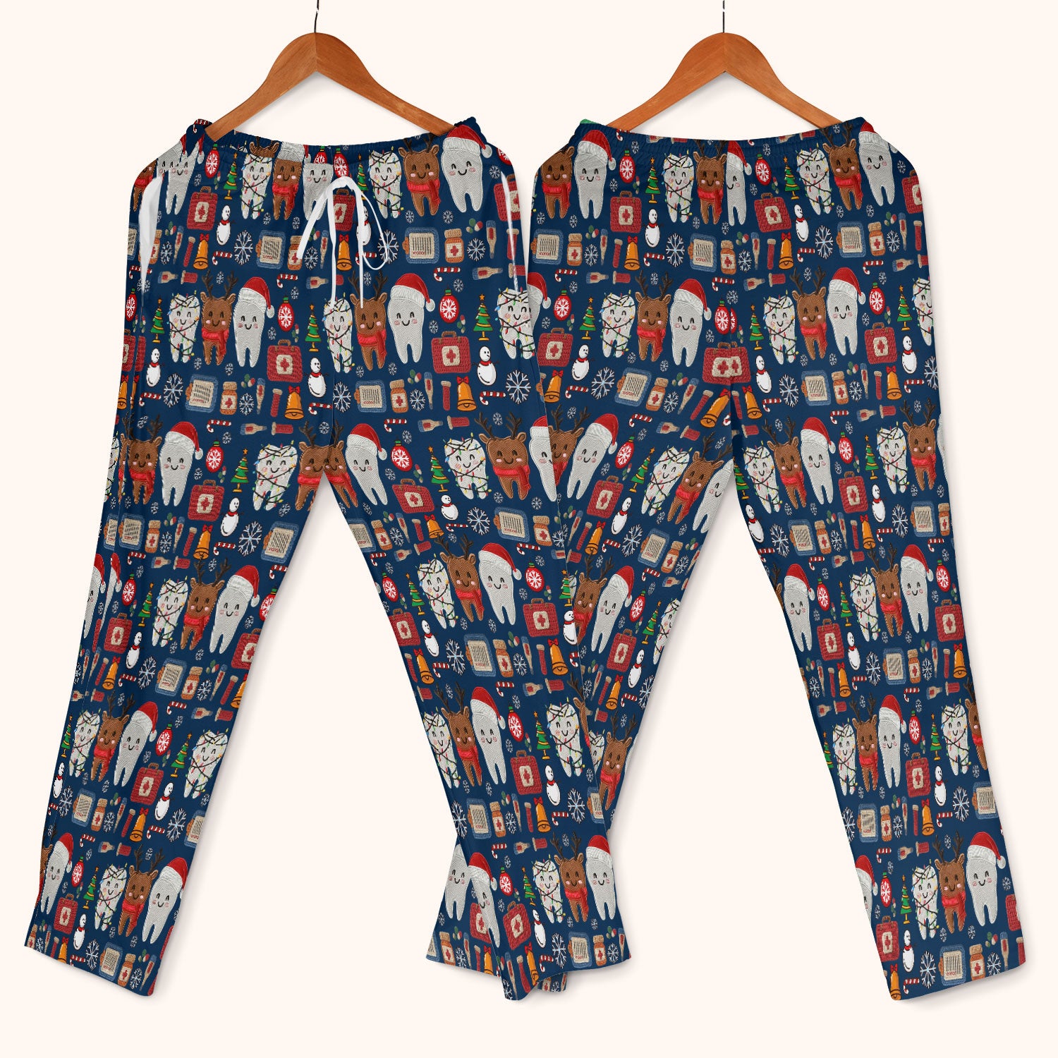 Christmas Dental Scrub Set - Cute Santa & Reindeer Tooth Pants and V Neck Top - Funny Gift for Dentists, Hygienists, Nurses