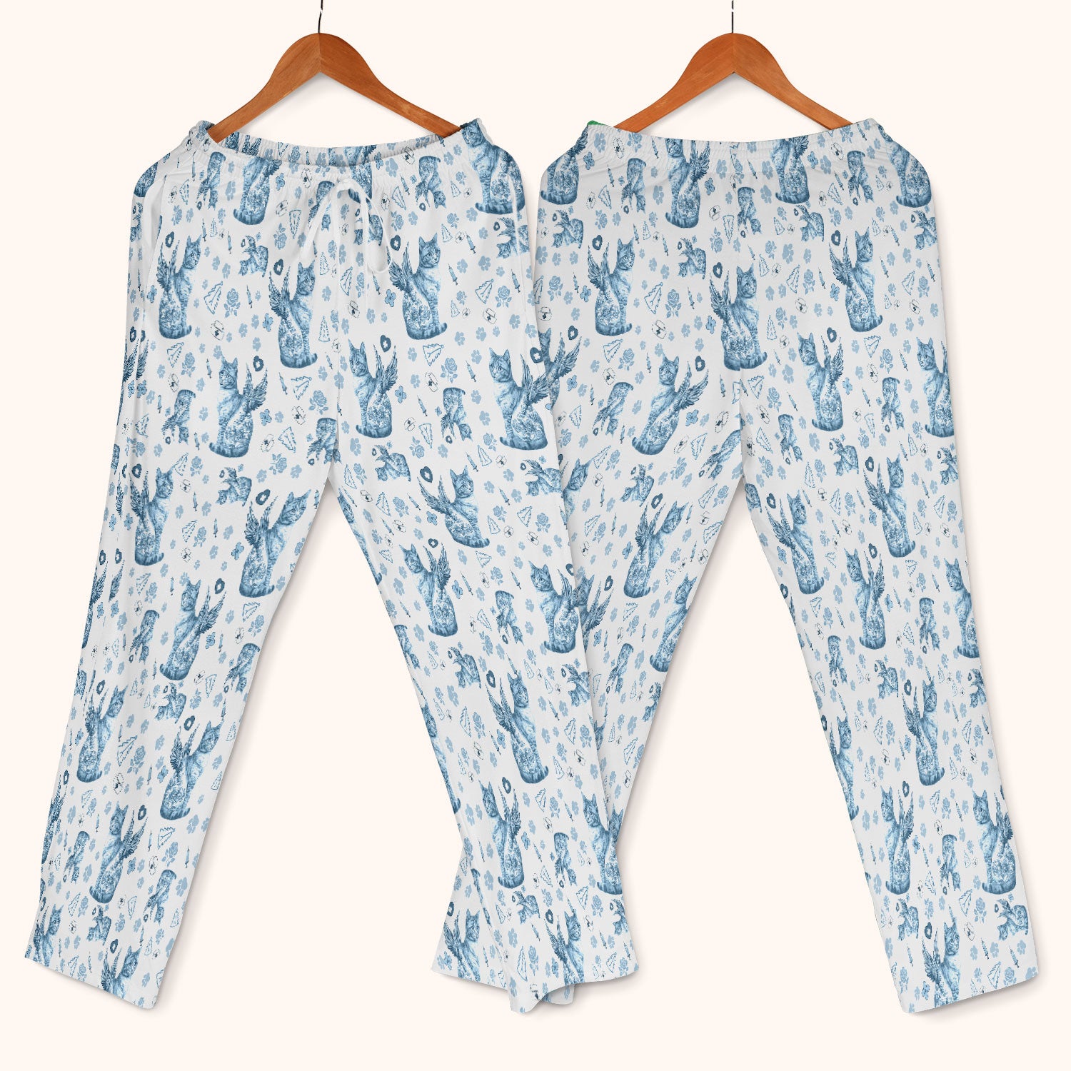Toile de Jouy Cat Angel Scrub Set - Blue Vintage Nurse Pants and V Neck Top - French Style Medical Uniform for Women