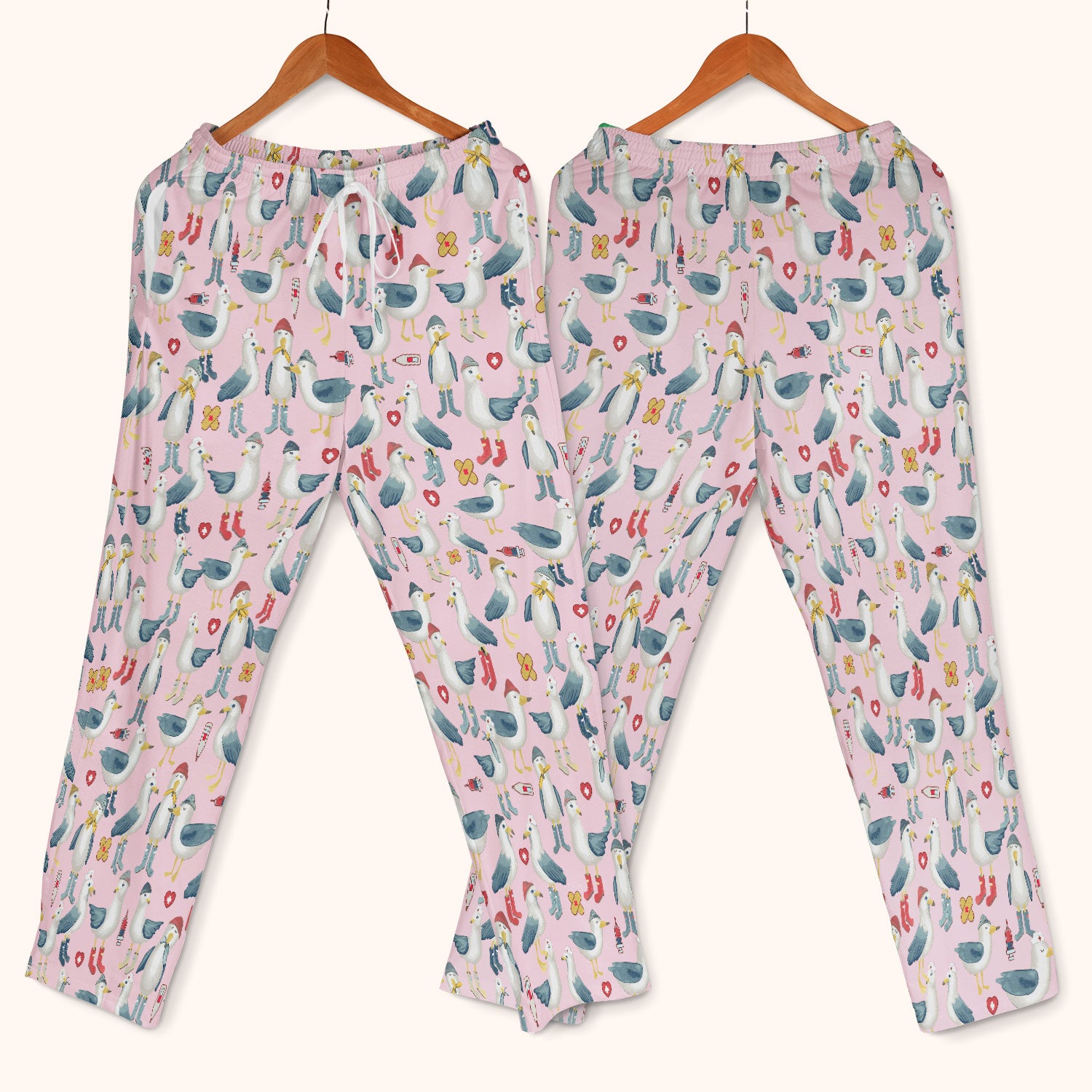 Funny Seagull Nurse Scrub Set - Cute Bird with Medical Icons Scrubs Pants and V Neck Top - Comfortable Scrubs for Women