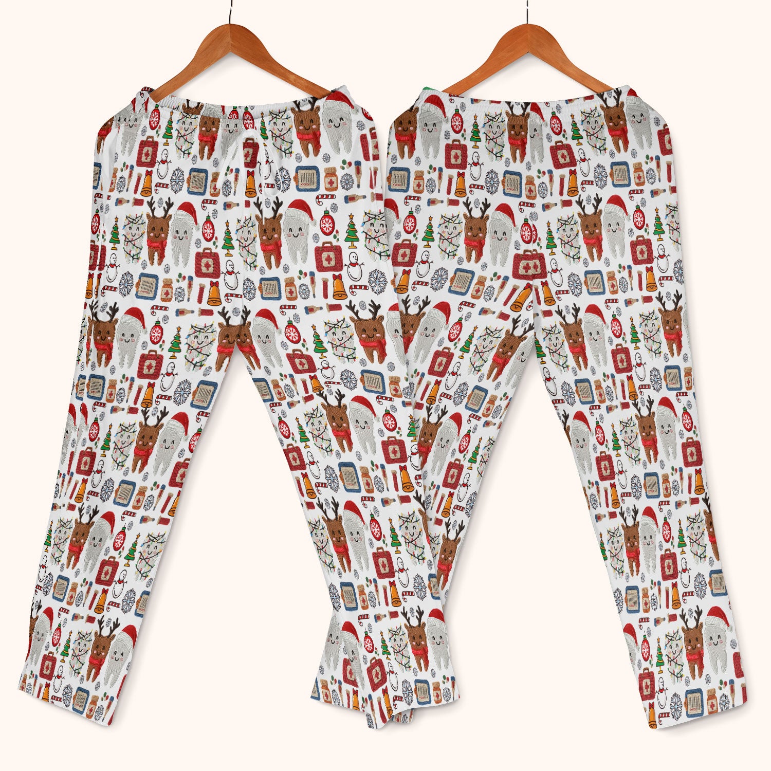 Christmas Dental Scrub Set - Cute Santa & Reindeer Tooth Pants and V Neck Top - Funny Gift for Dentists, Hygienists, Nurses