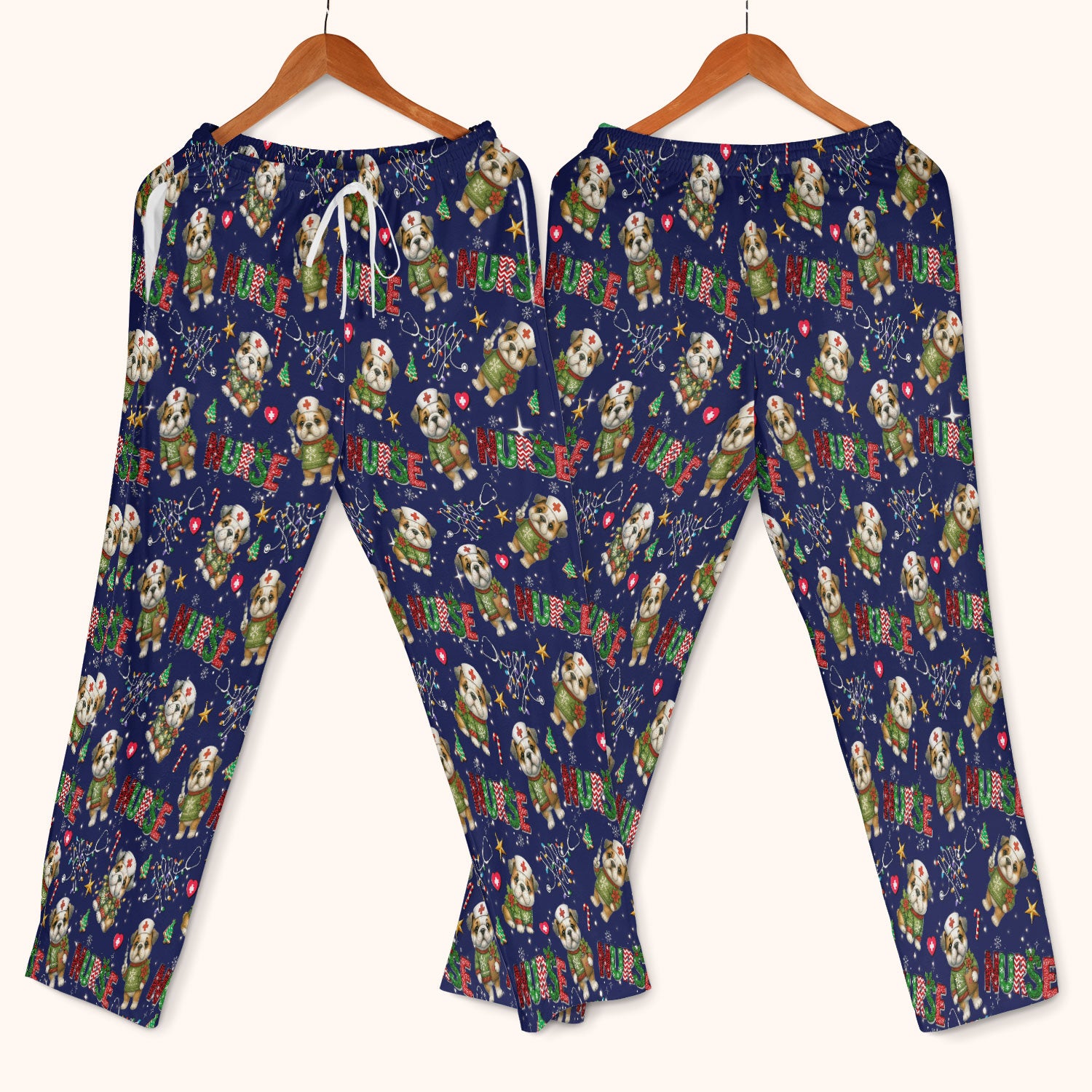 Bulldog Christmas Nurse Scrub Set - Funny Dog Scrubs Pants and V Neck Top - Cute Holiday Medical Uniform