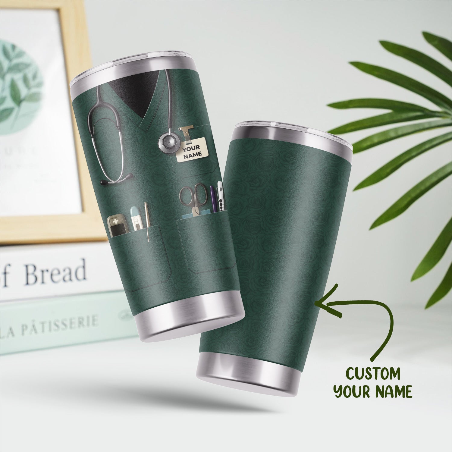 Custom Nurse Tumbler with Name - Green Scrubs Travel Mug with Medical Tools - Gift for RN CNA LPN Nursing Student