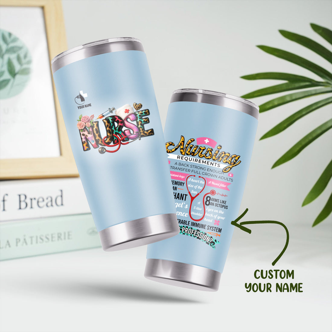 Custom Name Nurse Tumbler - Cute Leopard Lettering and Stethoscope Design - Gift for Registered Nurses CNA RN LPN - Stainless Steel Travel Mug for Healthcare Heroes