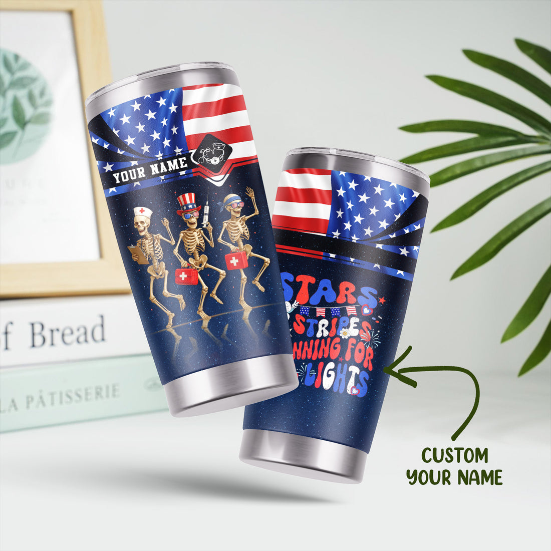 Personalized Skeleton Nurse Tumbler - 4th of July USA Flag Design - Funny Gift for RN LPN CNA Healthcare Workers