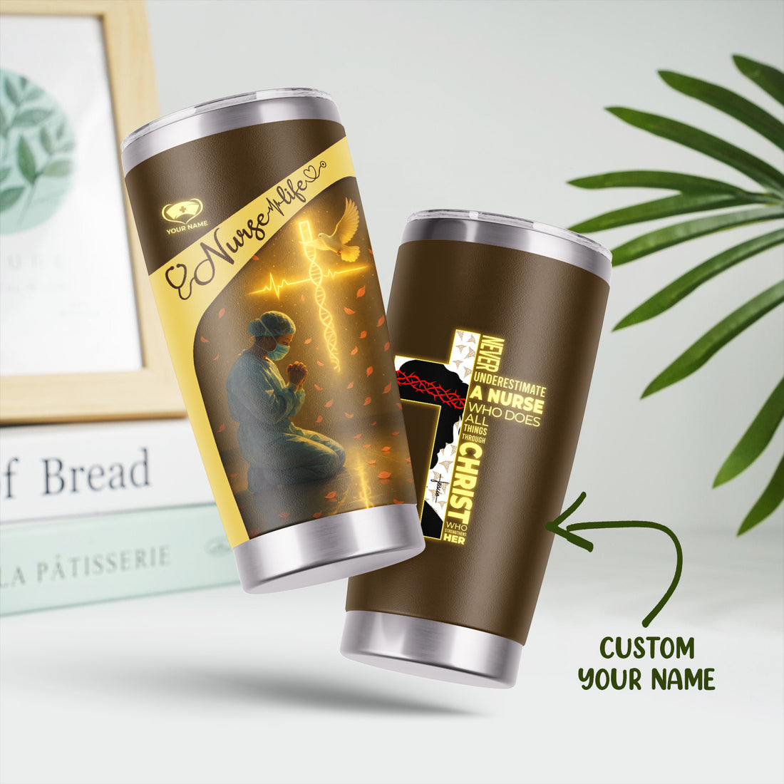 Christian Nurse Tumbler for RN LPN CNA - Personalized Prayer Design with Dove and Cross - Inspirational Gift for Women in Healthcare