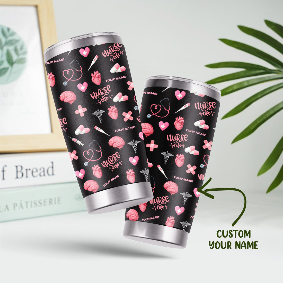 Custom Nurse Tumbler for Women - Nurse Life Design with Brain Heart Pill Graphics - Personalized Gift Idea for RN CNA LPN Healthcare Workers