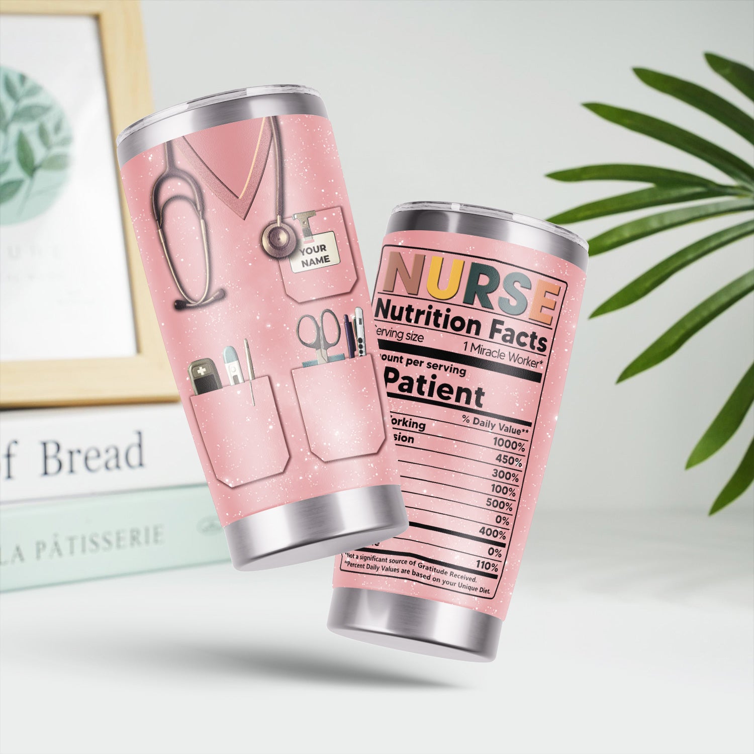 Custom Name Nurse Nutrition Facts Tumbler - Funny Medical Worker Design with Stethoscope and Tools - Appreciation Gift for RN LPN CNA