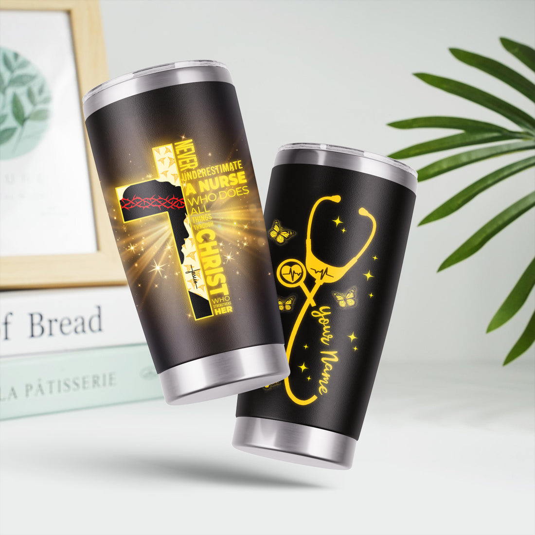 Personalized Christian Nurse Tumbler - Jesus Cross & Stethoscope with Butterflies - Custom Name Gift for Women RN LPN