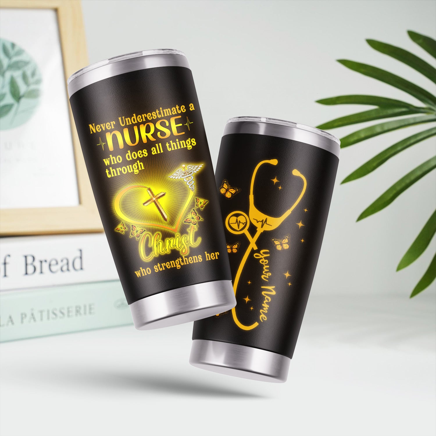 Personalized Religious Nurse Tumbler - Christian Quote with Cross & Butterfly Design - Inspirational Gift for Faithful RN LPN CNA Staff