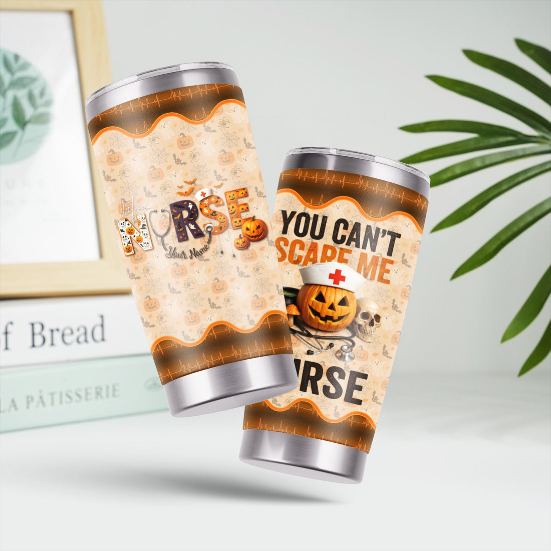 Personalized Nurse Halloween Tumbler - You Can't Scare Me Pumpkin Design - Custom Text Gift for RN CNA LPN Healthcare Workers