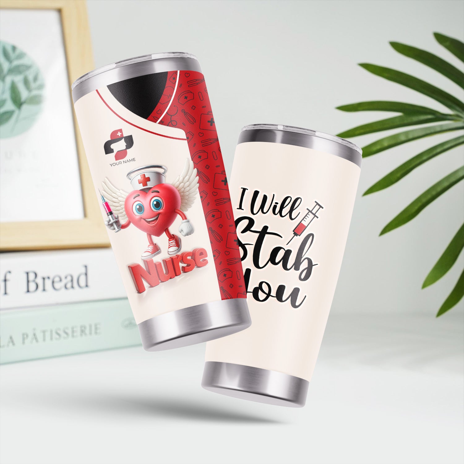Custom Nurse Travel Tumbler - Cute Heart Cartoon with Syringe Design - Hilarious I Will Stab You Gift for Healthcare Professionals