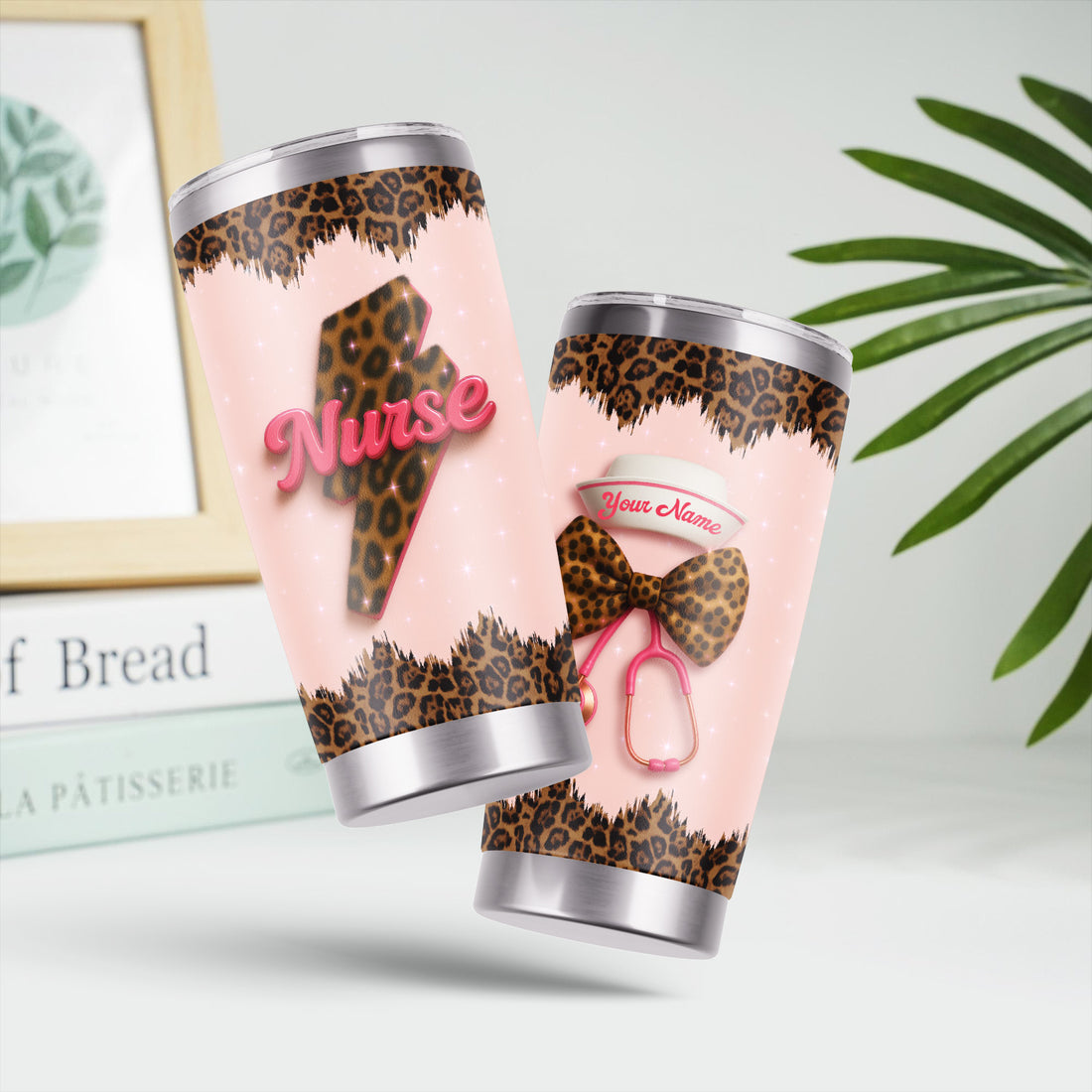 Personalized Leopard Nurse Tumbler - Cute Stethoscope & Heart Bow Design - Custom Tumbler for RN CNA LPN Healthcare Professionals