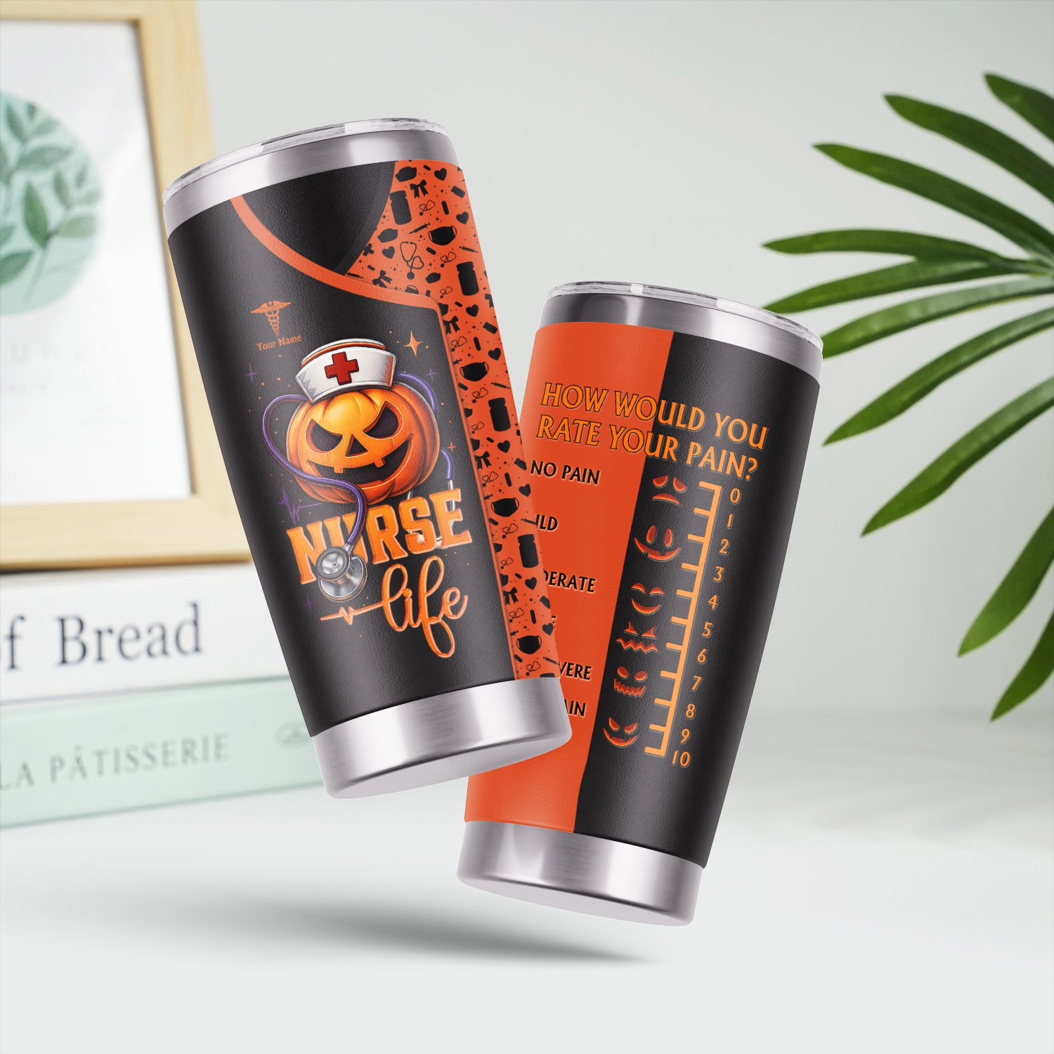 Custom Halloween Nurse Tumbler - Funny Pumpkin Pain Scale Medical Design - Gift for RN, CNA, LPN Healthcare Worker