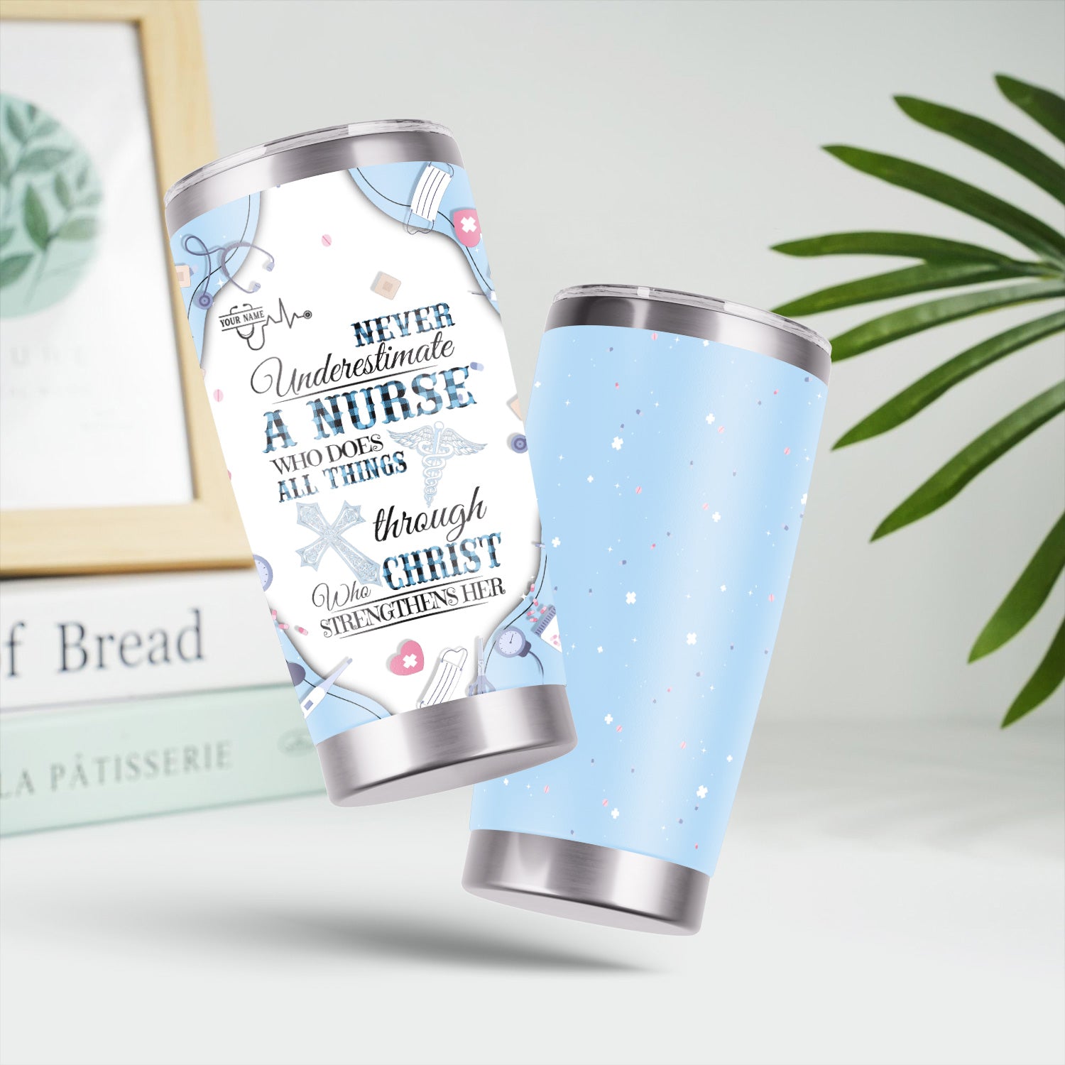 Personalized Christian Nurse Tumbler for RN LPN CNA - Custom Name All Things Through Christ Quote - Faith Medical Gift for Healthcare Workers