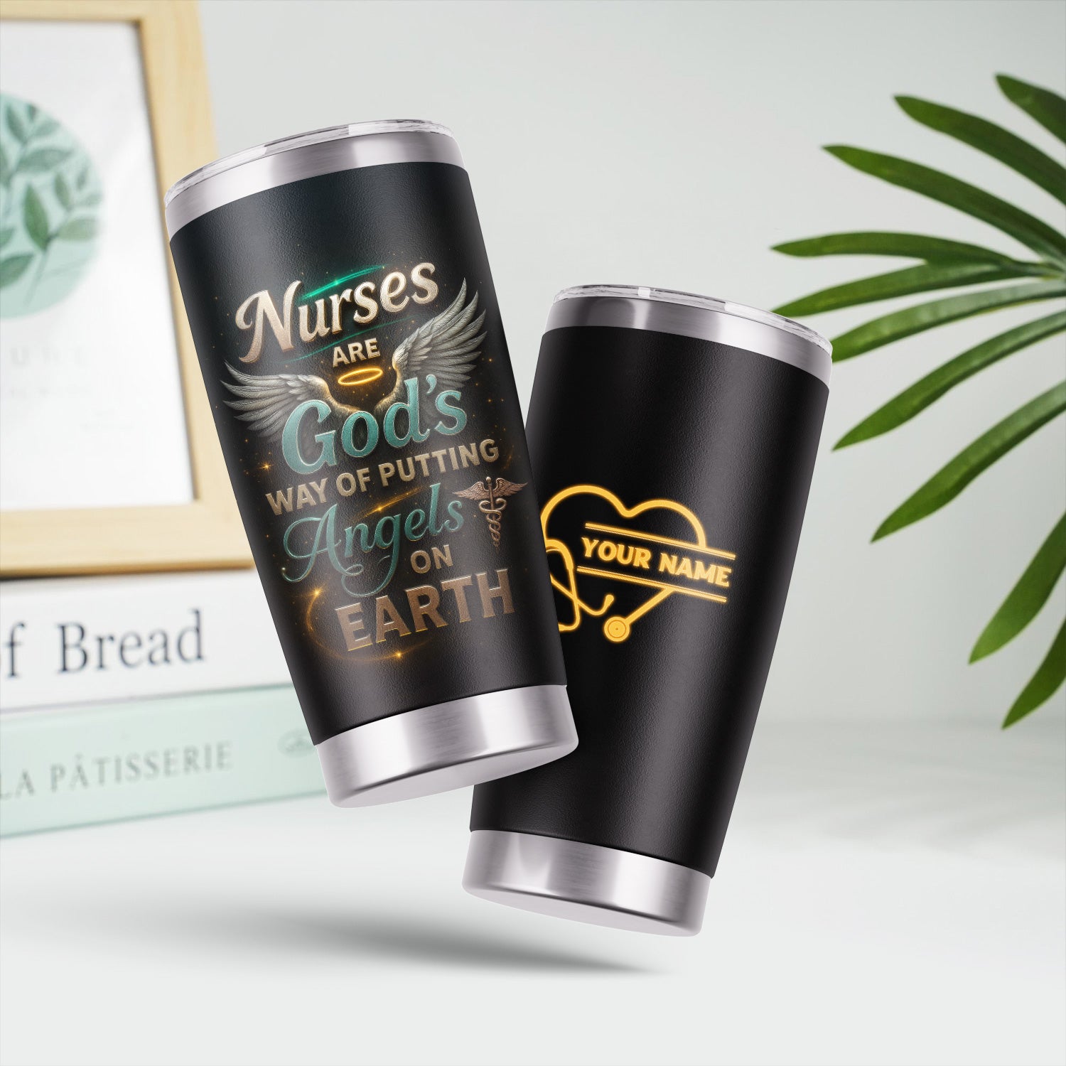 Personalized Religious Nurse Tumbler - Angel Wings & Halo Medical Design - Christian Gift for RN, CNA, Healthcare Worker